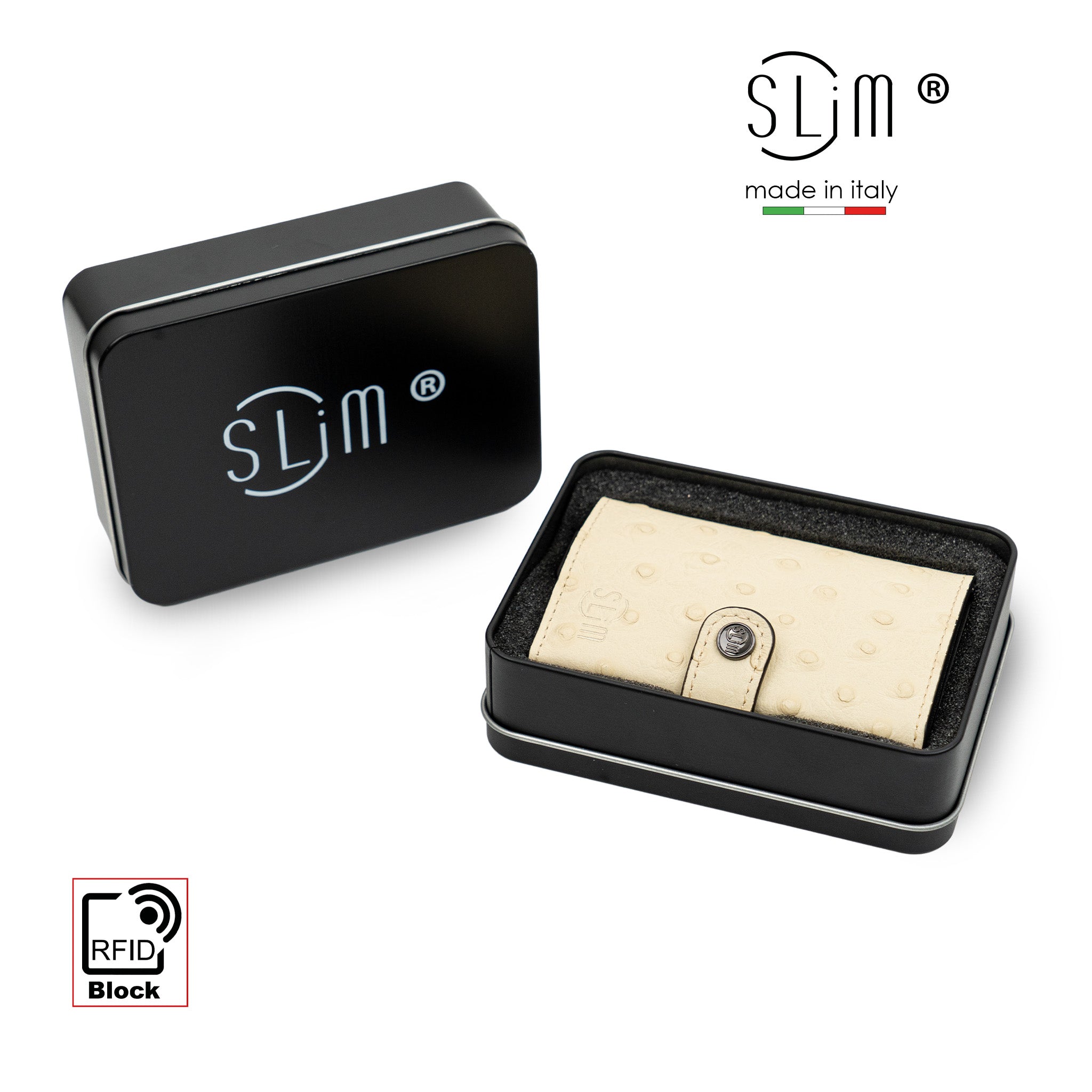 SLim Vera Pelle Portafoglio Struzzo Beige RFID