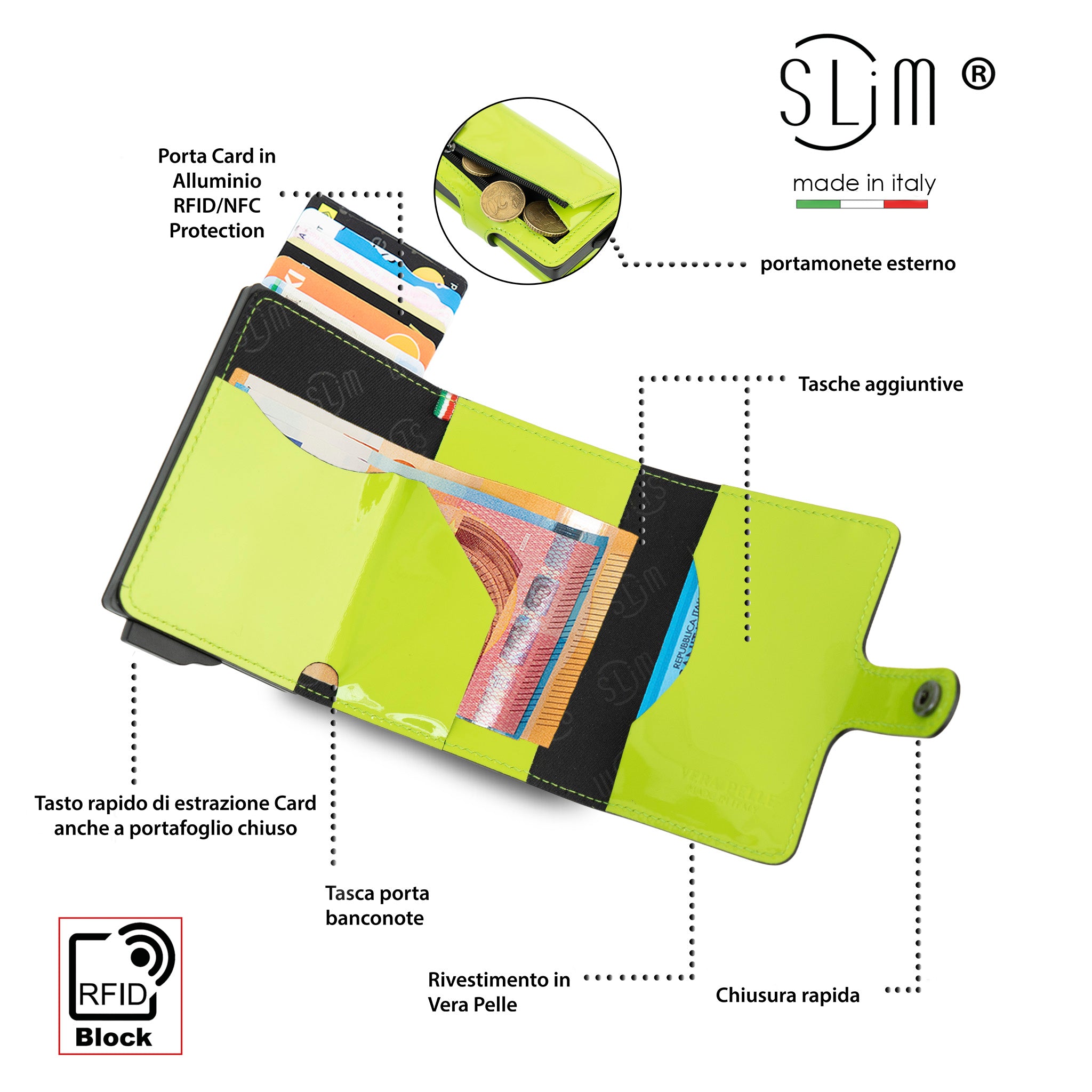 SLim Vera Pelle Porta Carte Verde Mela Zip Specchio