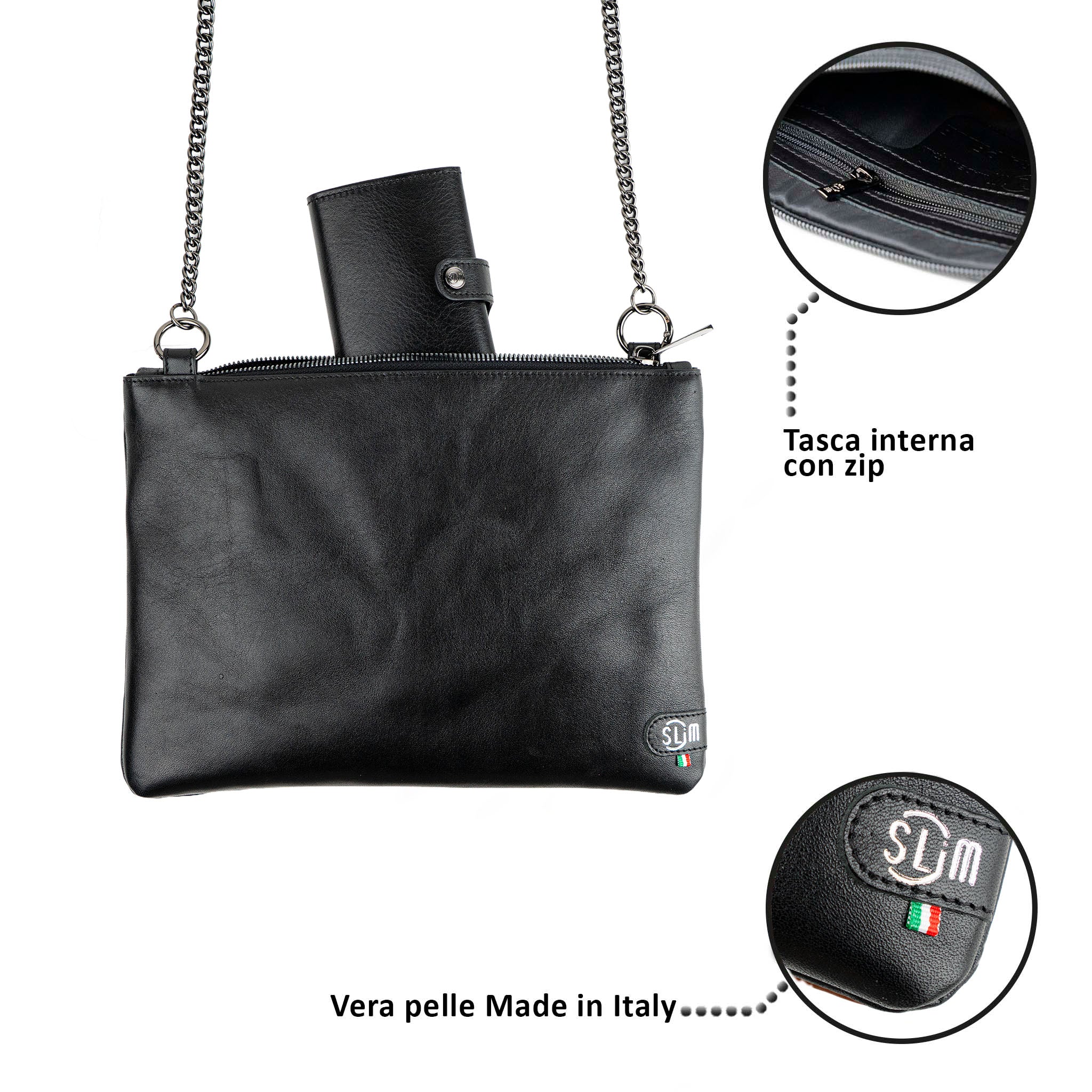 SLim Pochette Tracolla pelle vegetale nero 24x19,5 cm