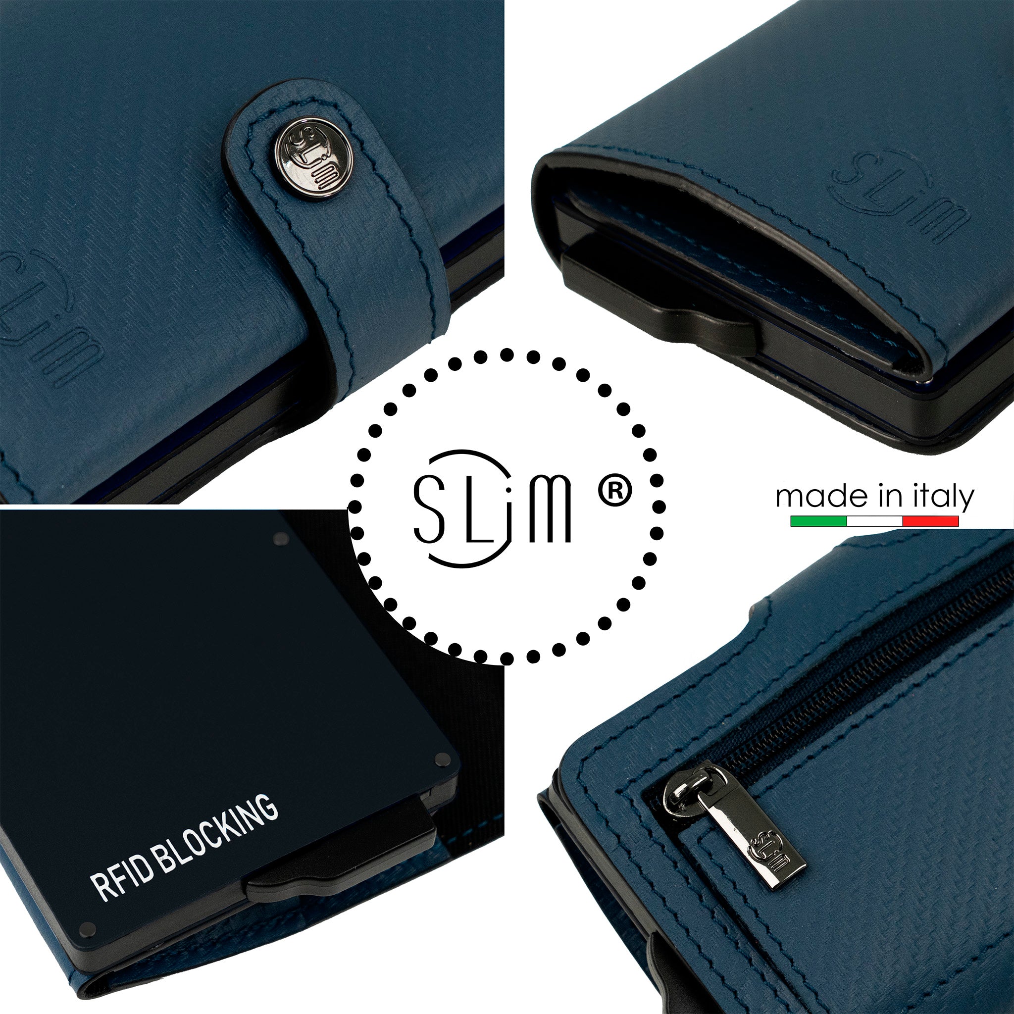 SLim Vera Pelle Carbon Portacarte Blu con Zip 12 Carte