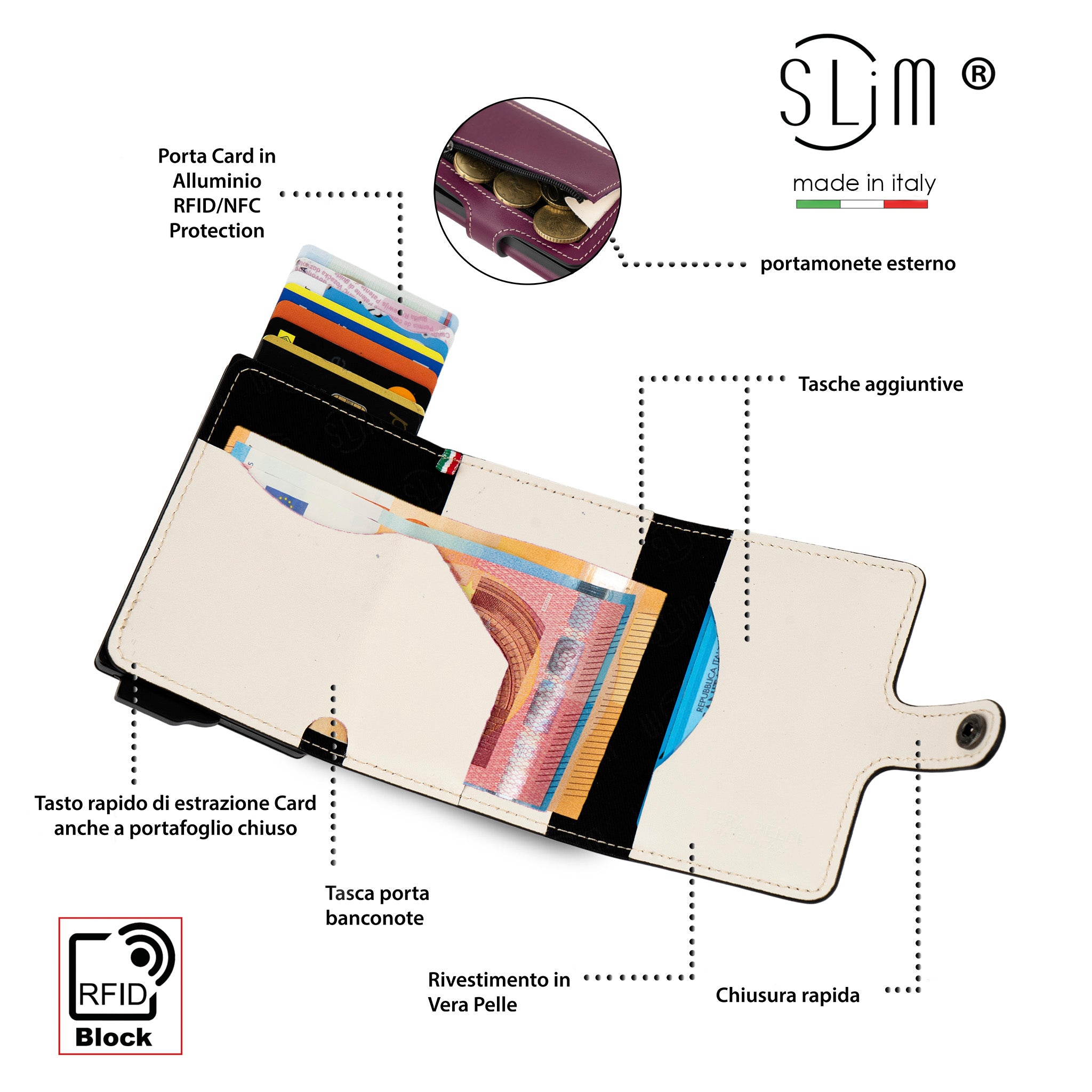 SLim Vera Pelle porta carte viola melanzana panna RFID