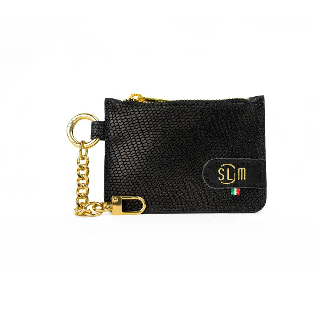 SLim Portachiavi Tejus Nero Oro portamonete pelle 10x7