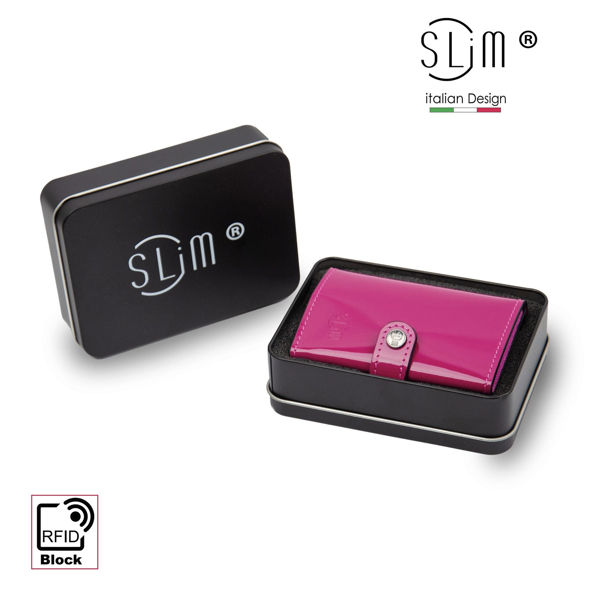 SLim Vera Pelle Specchio Portafoglio Compatto Fucsia Zip RFID