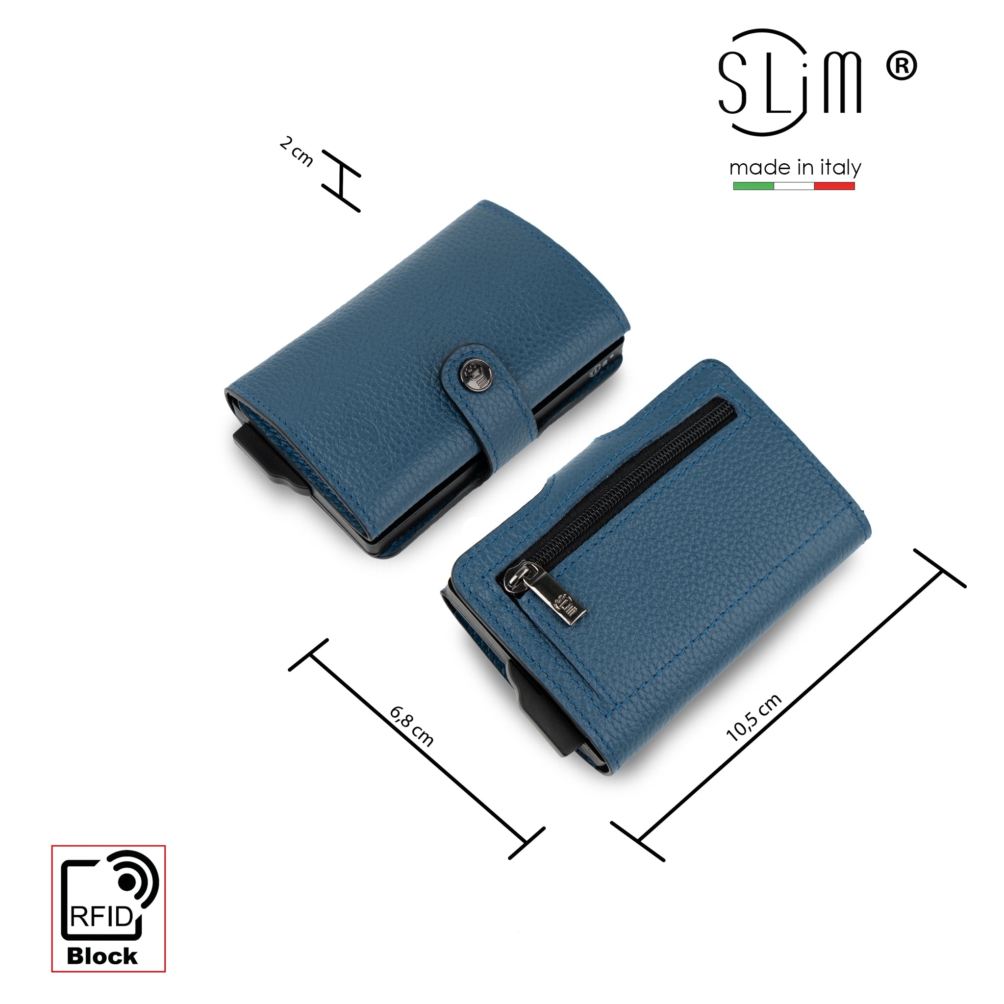 SLim Bottalato Blu Navy portafoglio pelle con zip monete RFID