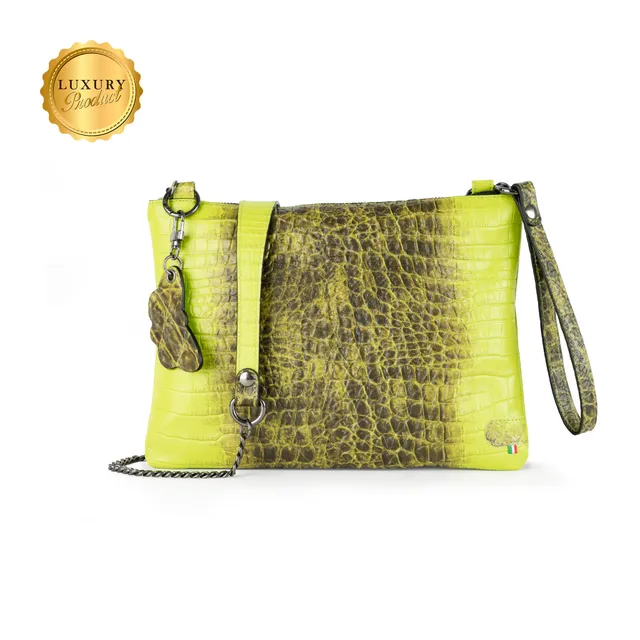 SLim Pochette Tracolla Vera Pelle Cocco Verde 23x14 cm