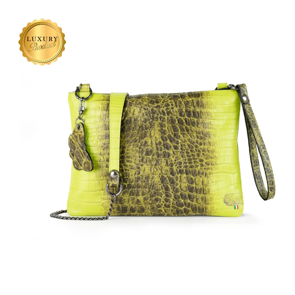 SLim Pochette Tracolla Vera Pelle Cocco Verde 23x14 cm