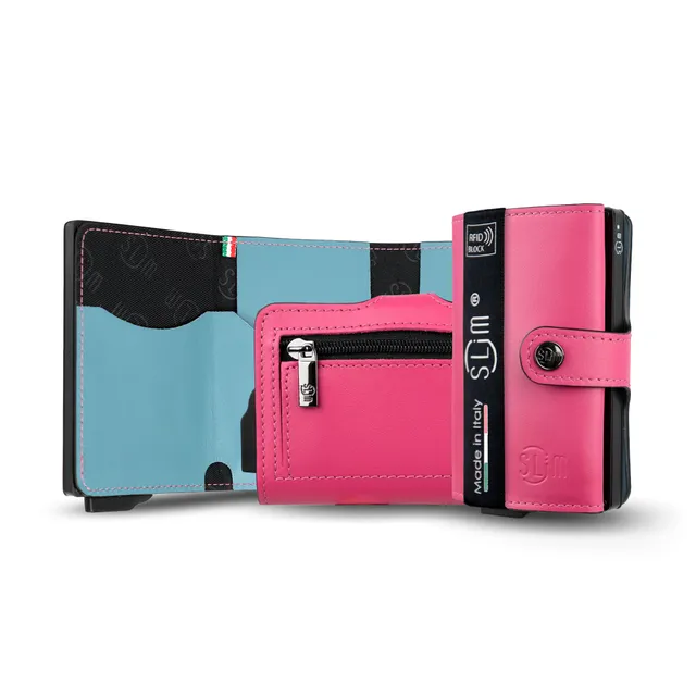 SLim Vera Pelle Portacarte Fucsia Azzurro Zip RFID