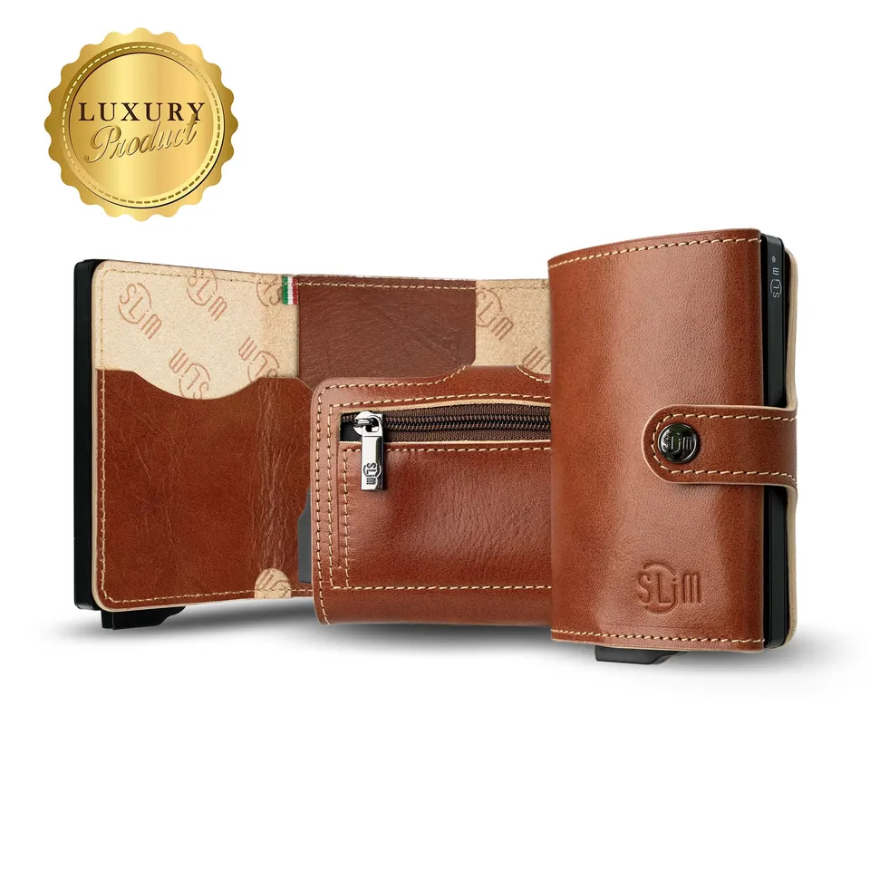 SLim Vera Pelle Porta Carte Cognac Zip Concia Vegetale