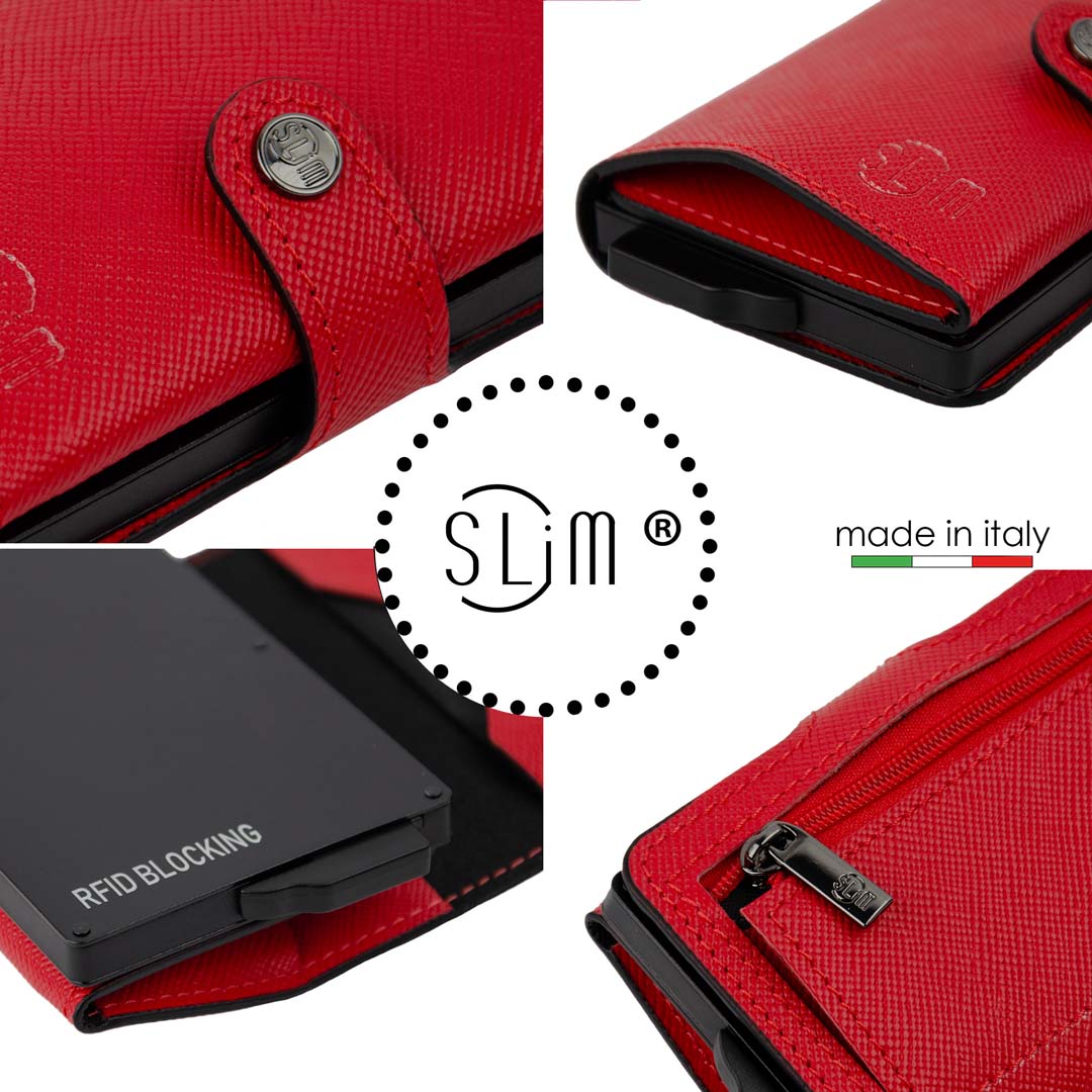 SLim Saffiano Rosso portacarte pelle anti graffio zip
