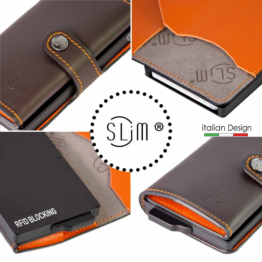 SLim Portacarte pelle testa moro arancio senza zip RFID