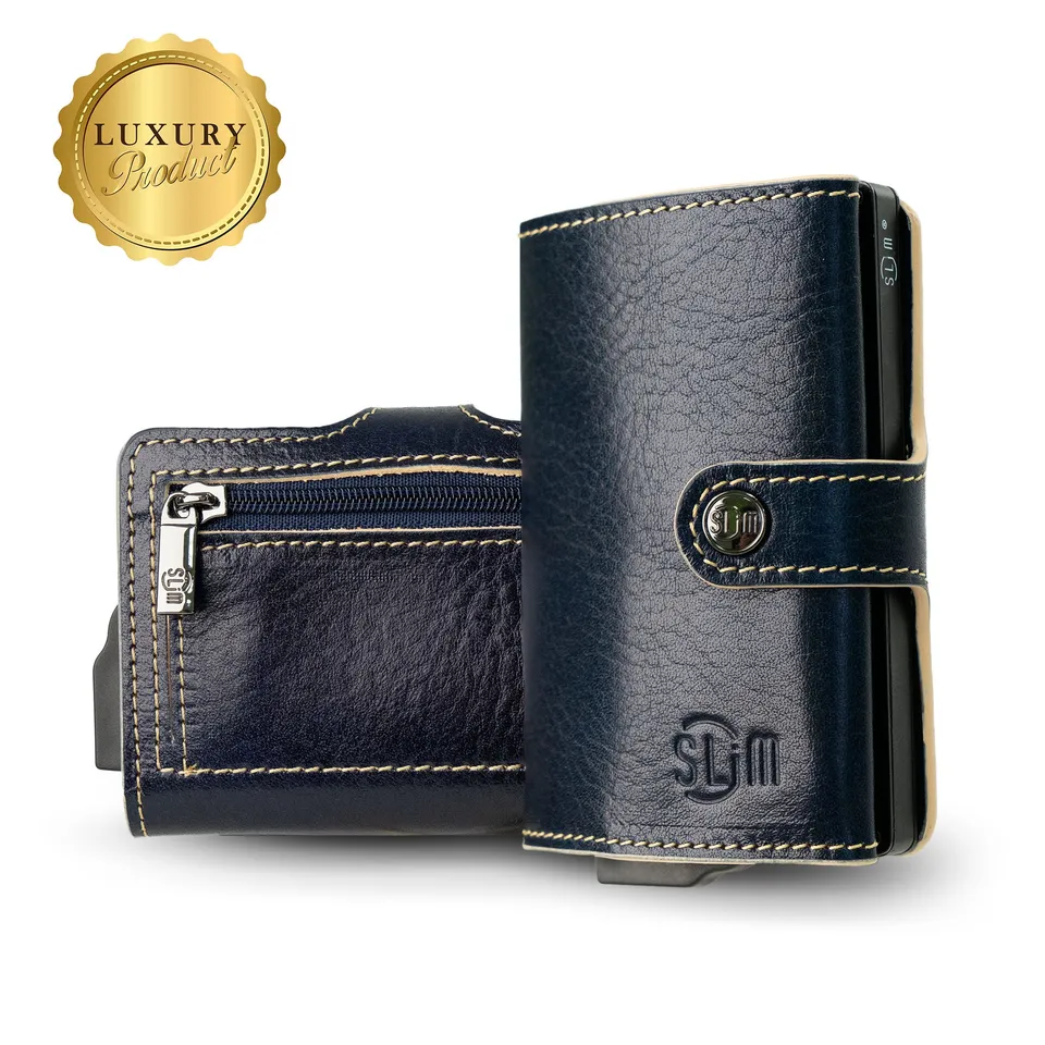 SLim Vera Pelle portafoglio concia vegetale blu zip