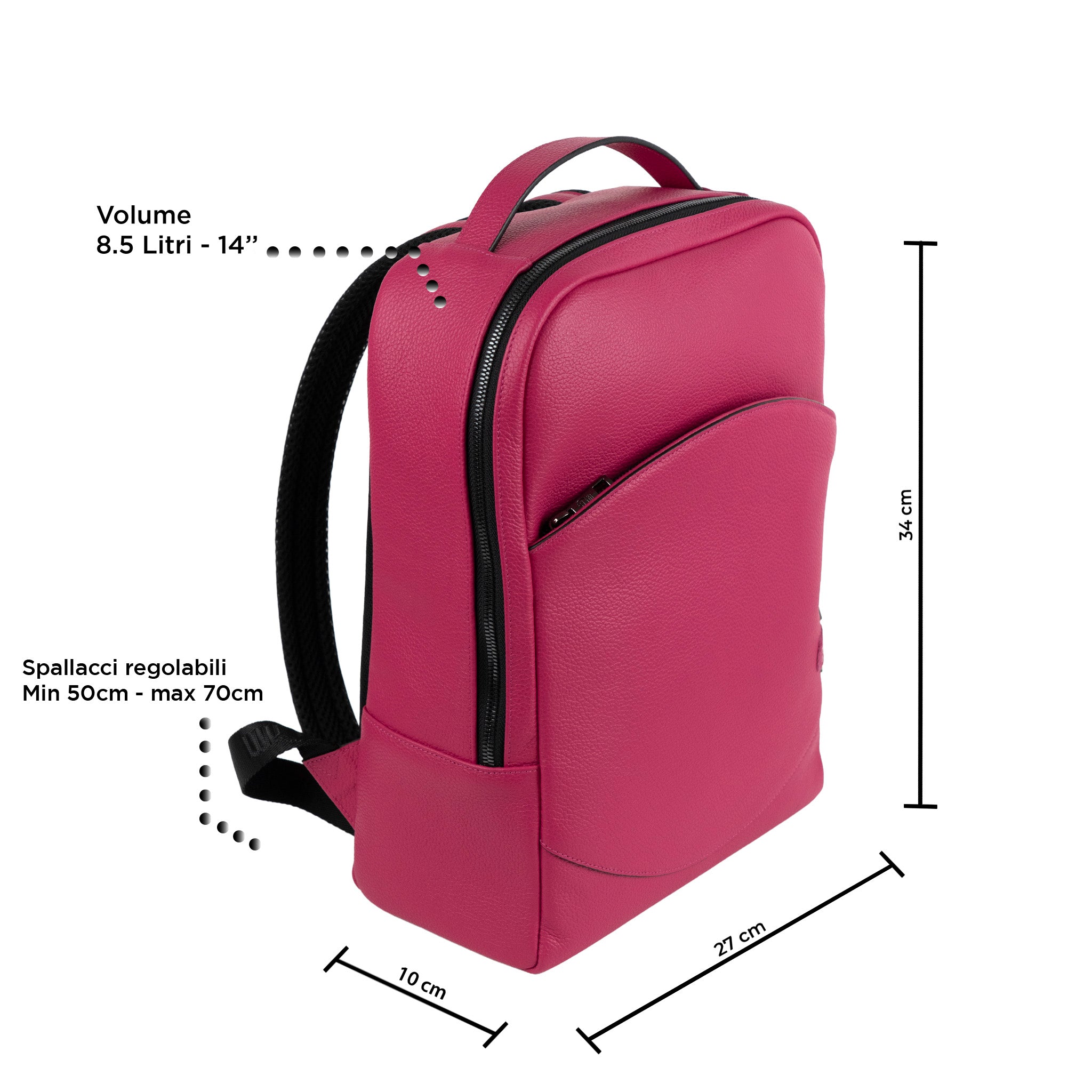 SLim Zaino Medio Vera Pelle Bottalato Fucsia 8,5 L
