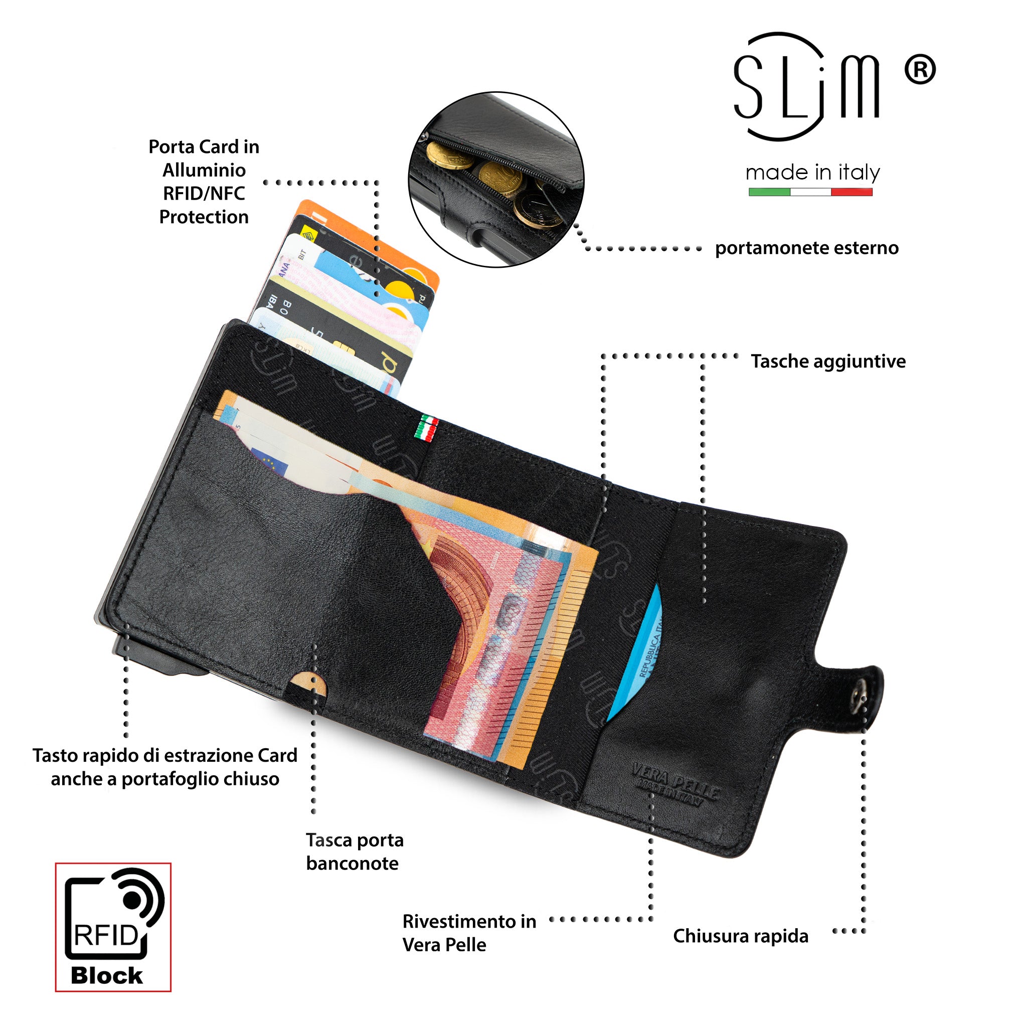 SLim Vera Pelle Vegetale Nero portafoglio compatto RFID