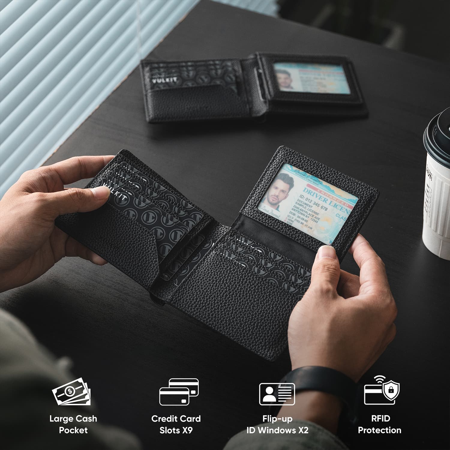VULKIT VW119P portafoglio pelle nero bifold RFID