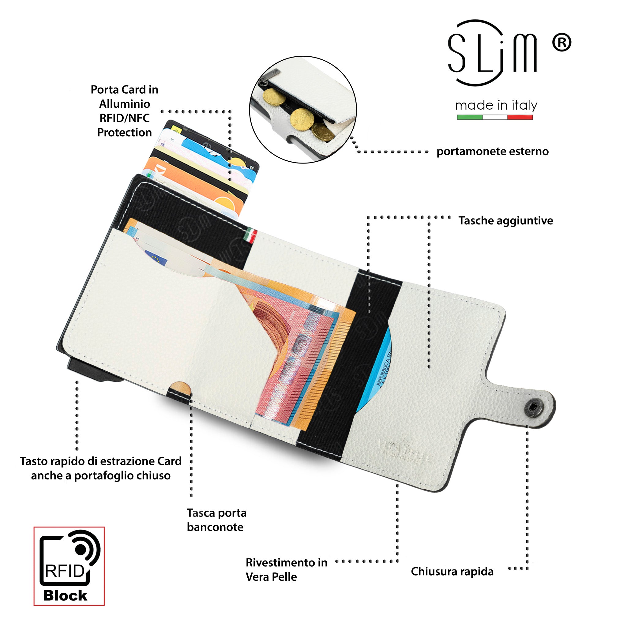 SLim Bottalato Ghiaccio portafoglio compatto vera pelle RFID