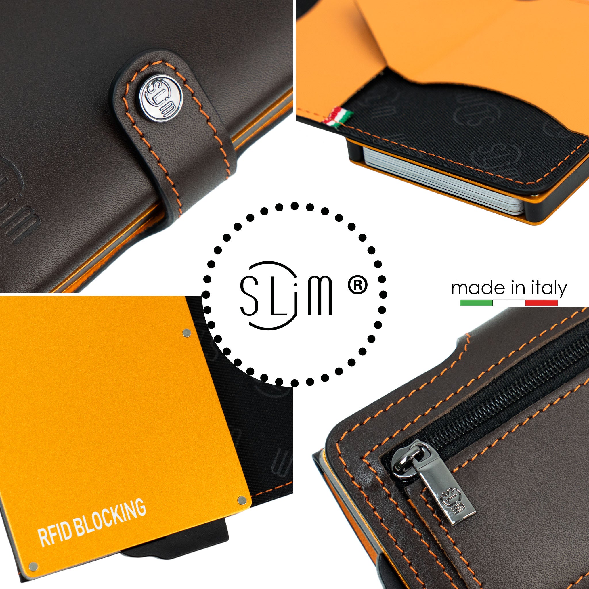 SLim Vera Pelle portafoglio testa moro arancio zip RFID