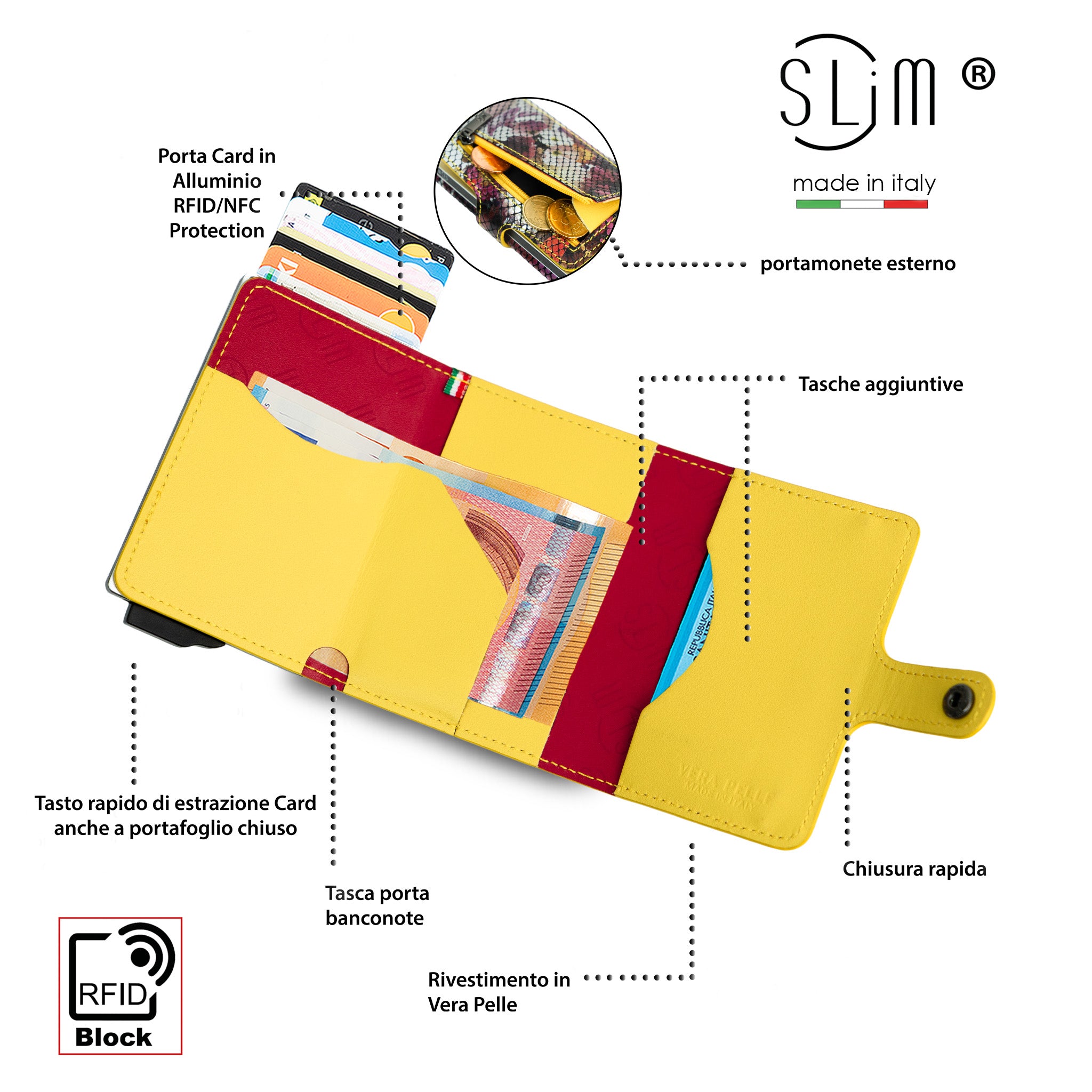 SLim Vera Pelle Portafoglio Flower RFID 10,5x7 cm