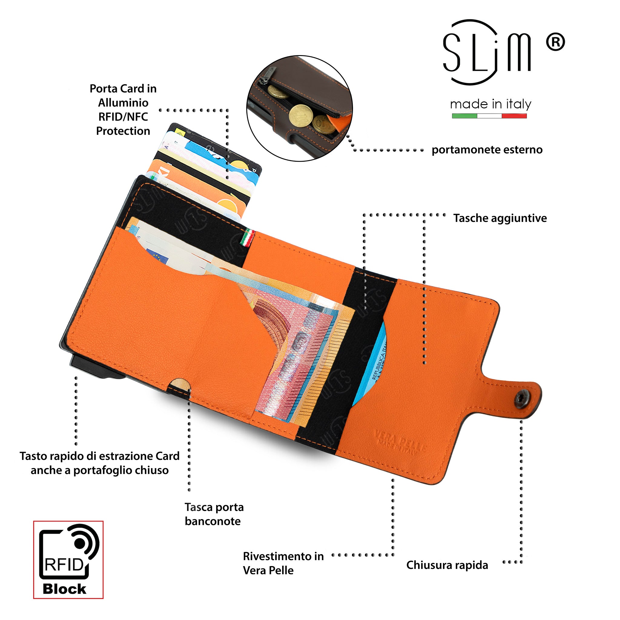 SLim Vera Pelle portafoglio testa moro arancio zip RFID