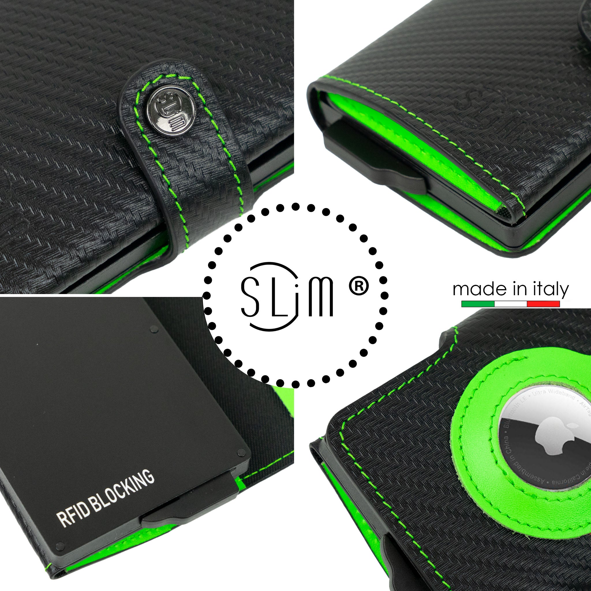 SLim Vera Pelle Carbon portafoglio nero verde fluo AirTag