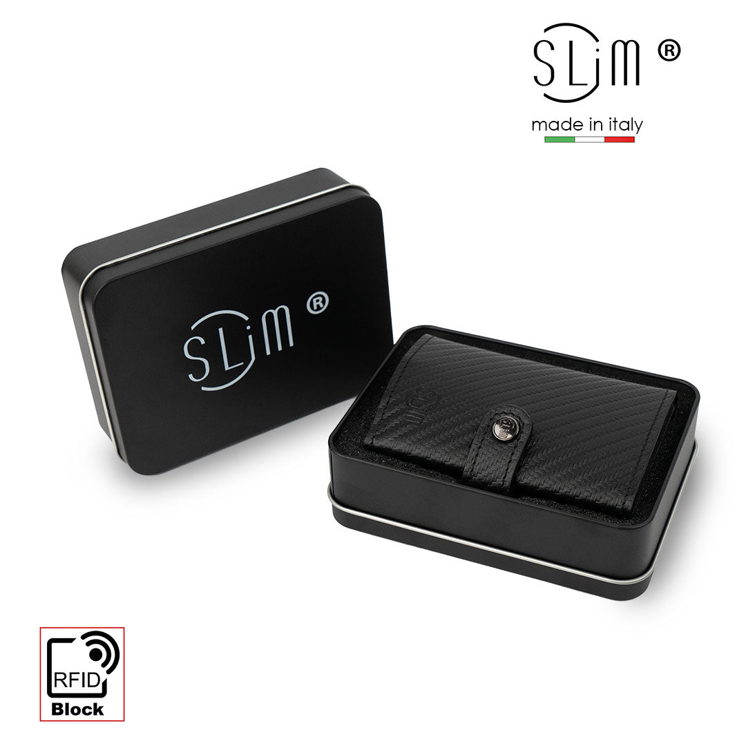 SLim Vera Pelle Carbon portafoglio compatto AirTag RFID