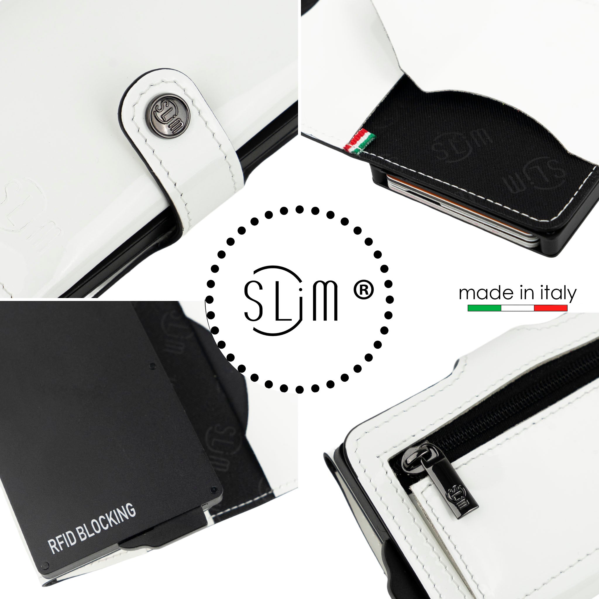 SLim Vera Pelle Porta Carte Bianco Specchio Zip RFID