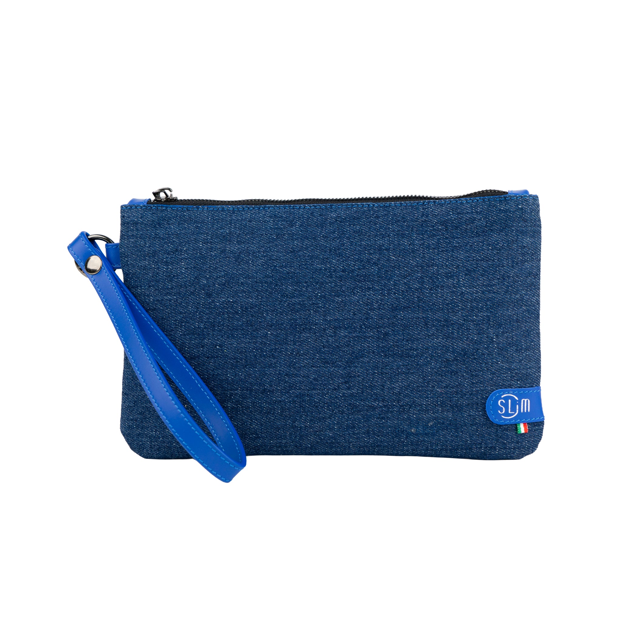 SLim Pochette Polsiera Vera Pelle Jeans Blu Elettrico 23x14 cm