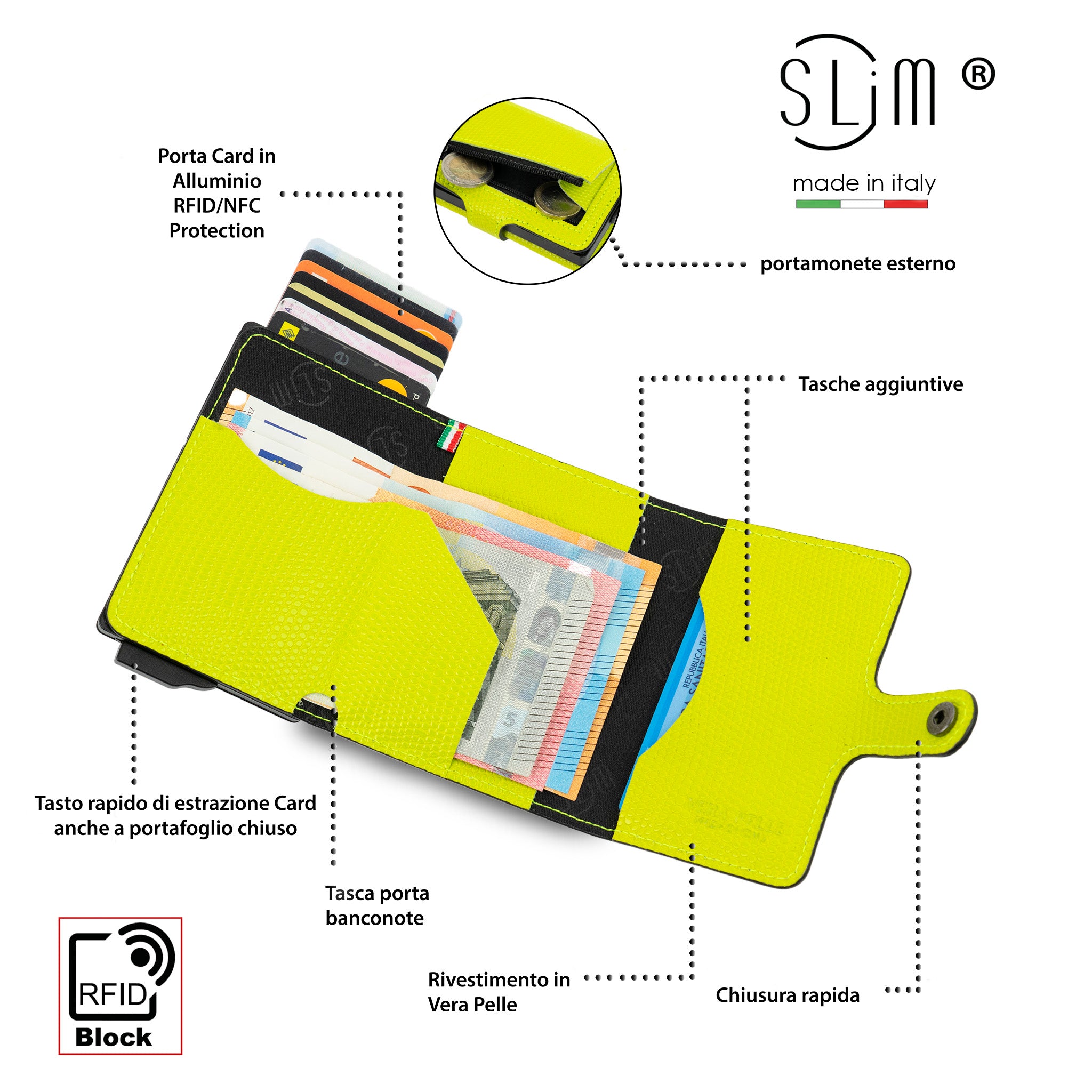 SLim Vera Pelle Tejus portacarte pelle lime 12 carte