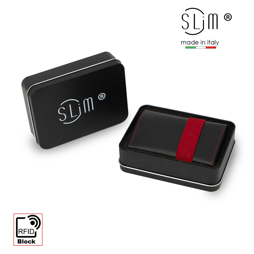 SLim Vera Pelle E portafoglio Nero Elastico Rosso zip RFID
