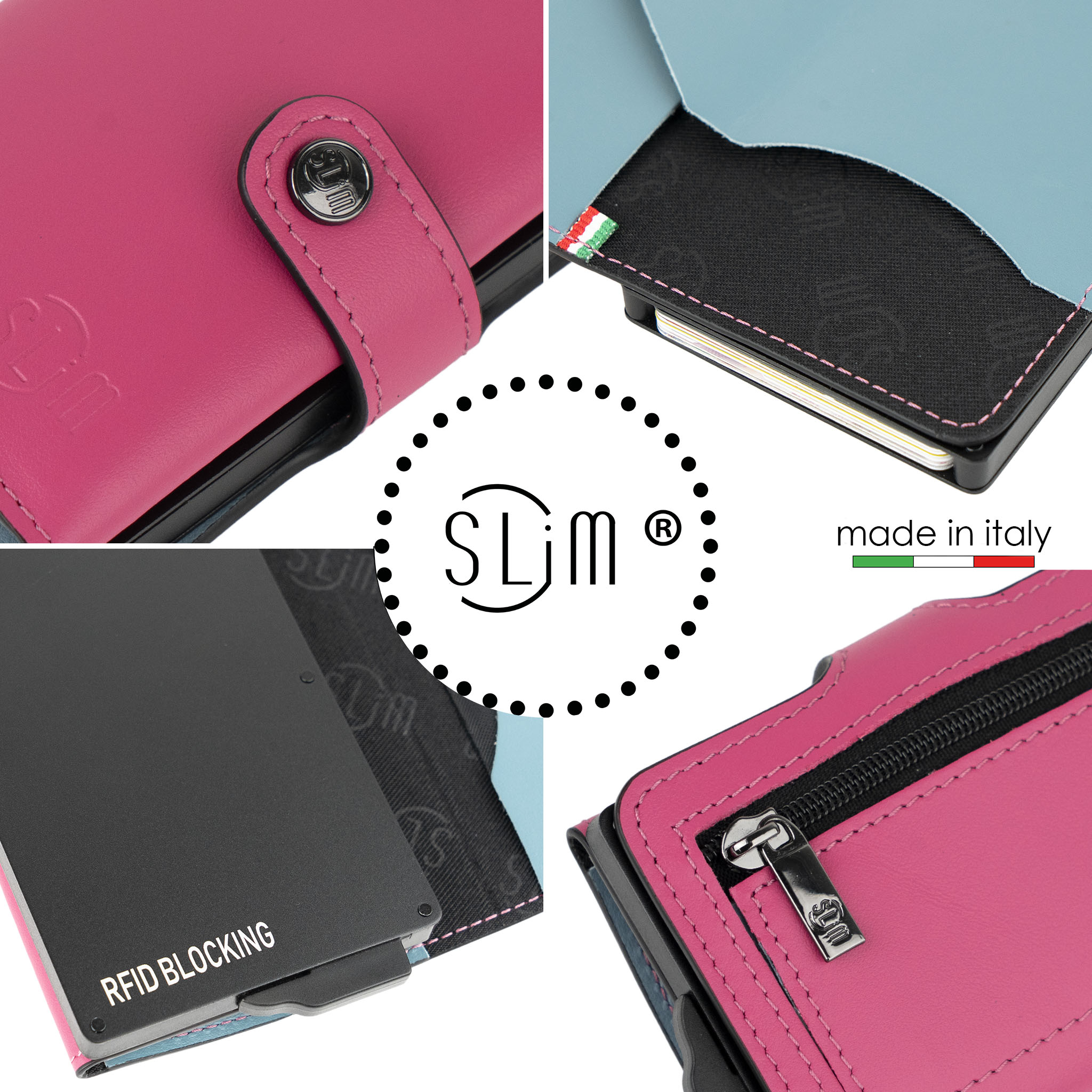 SLim Vera Pelle Portacarte Fucsia Azzurro Zip RFID
