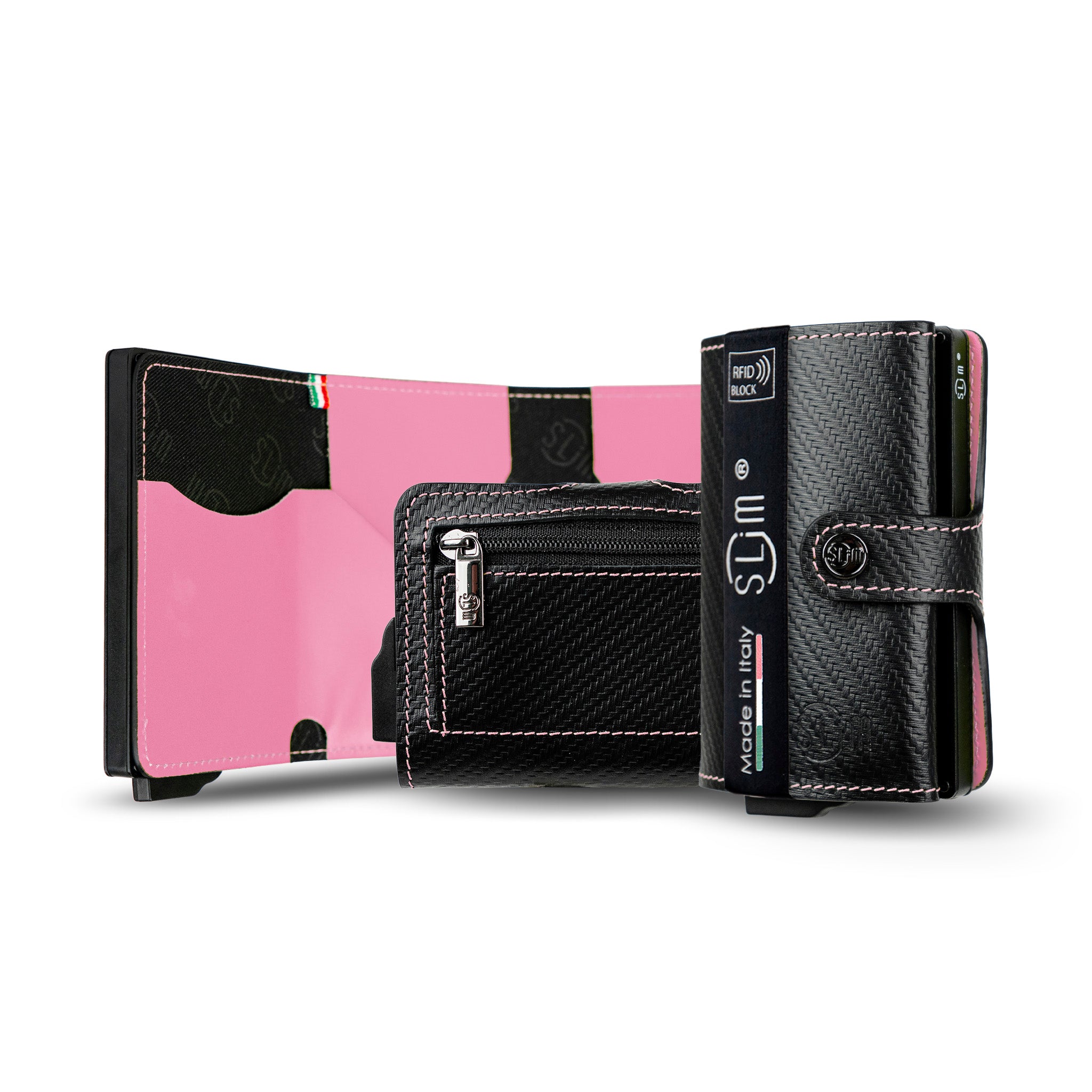 SLim Vera Pelle Carbon Portacarte Nero Rosa Zip RFID