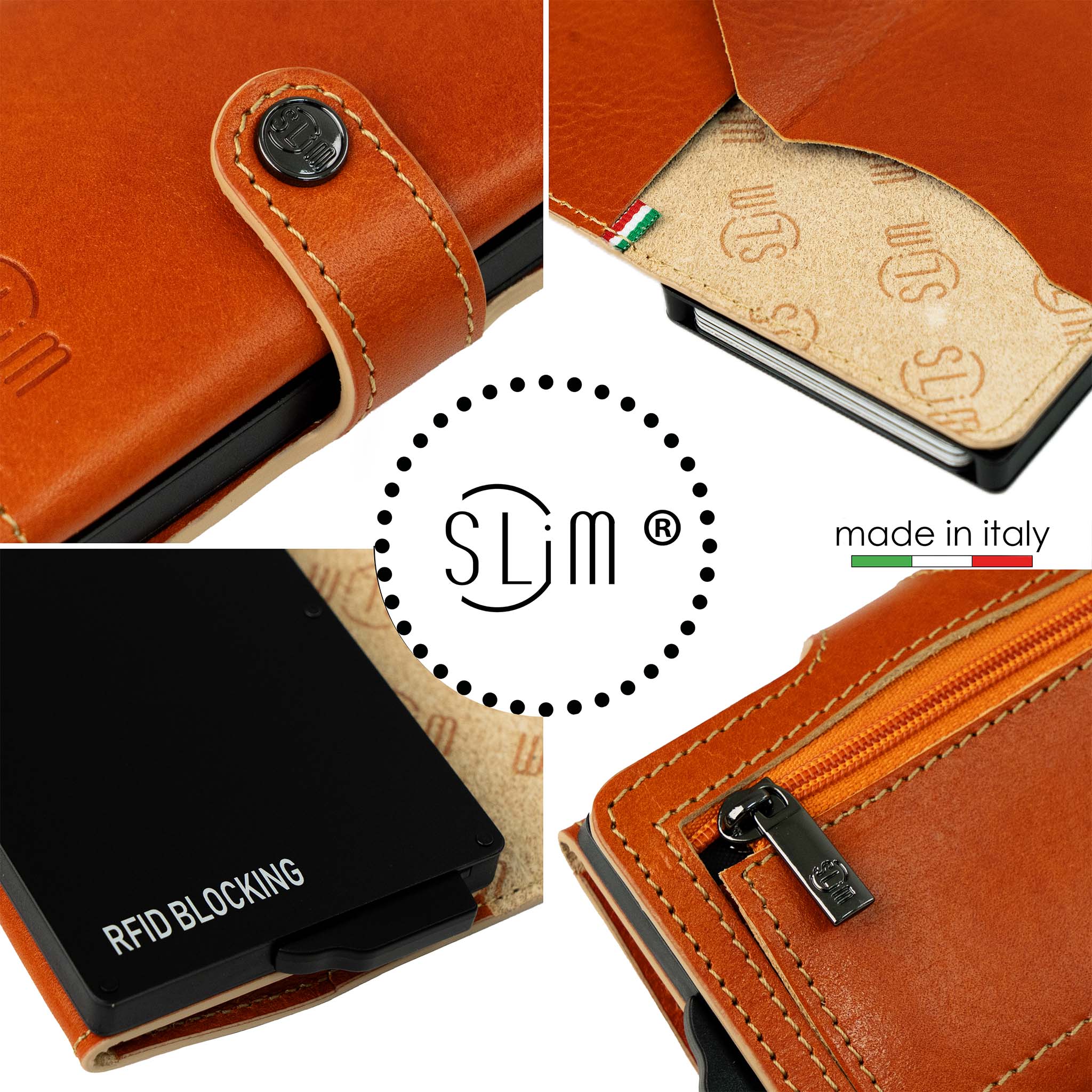 SLim Vera Pelle portacarte arancio concia vegetale zip