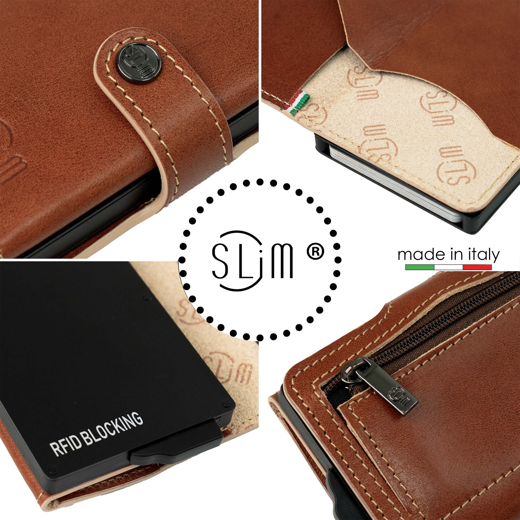 SLim Vera Pelle Porta Carte Cognac Zip Concia Vegetale