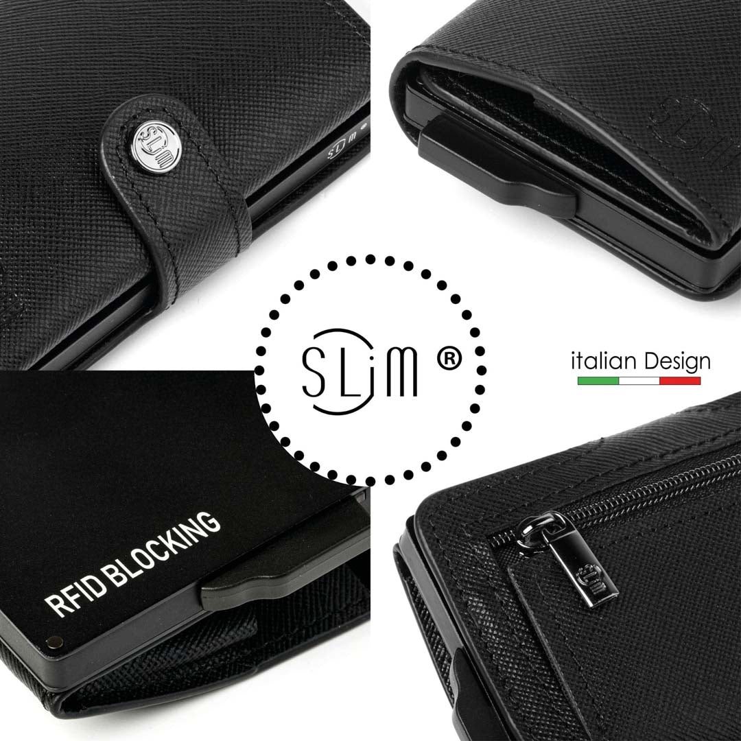 SLim Saffiano Nero portacarte zip pelle anti graffio