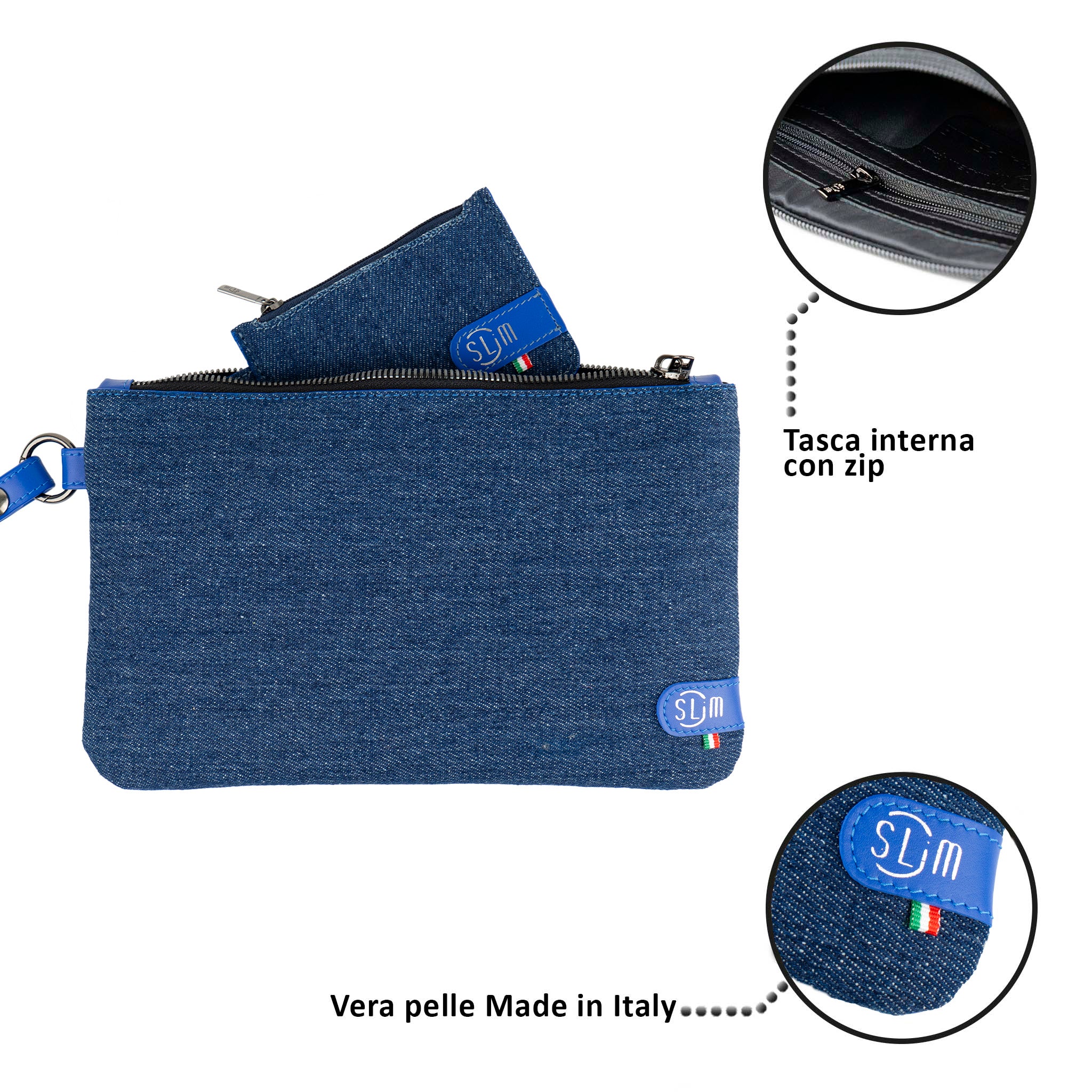SLim Pochette Polsiera Vera Pelle Jeans Blu Elettrico 23x14 cm