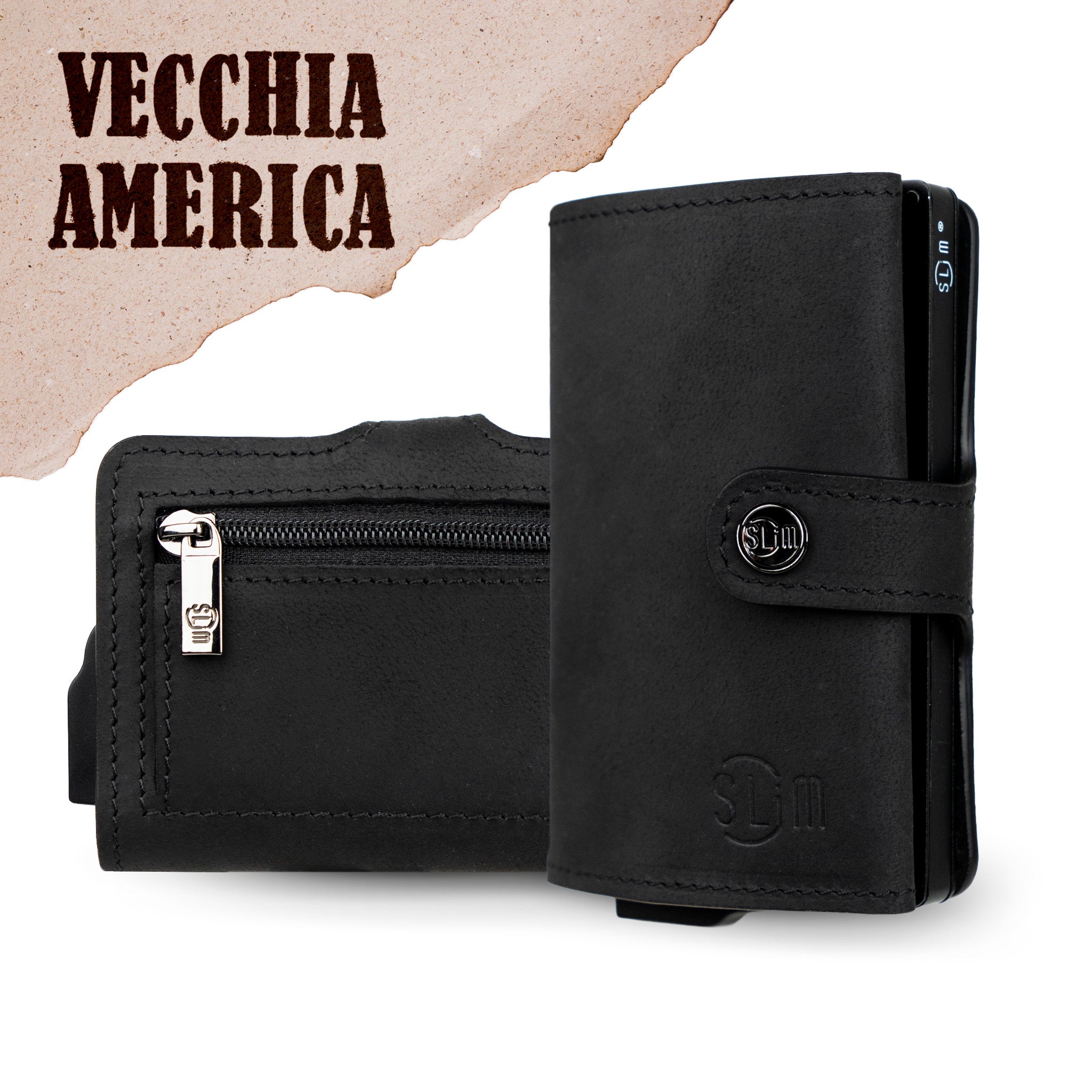 SLim Crazy Horse Portacarte Pelle Nero con Zip RFID