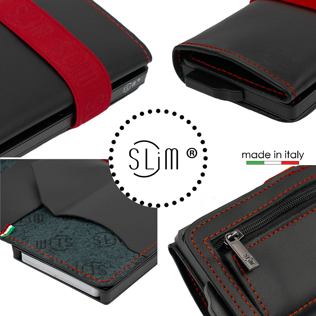 SLim Vera Pelle E portafoglio Nero Elastico Rosso zip RFID