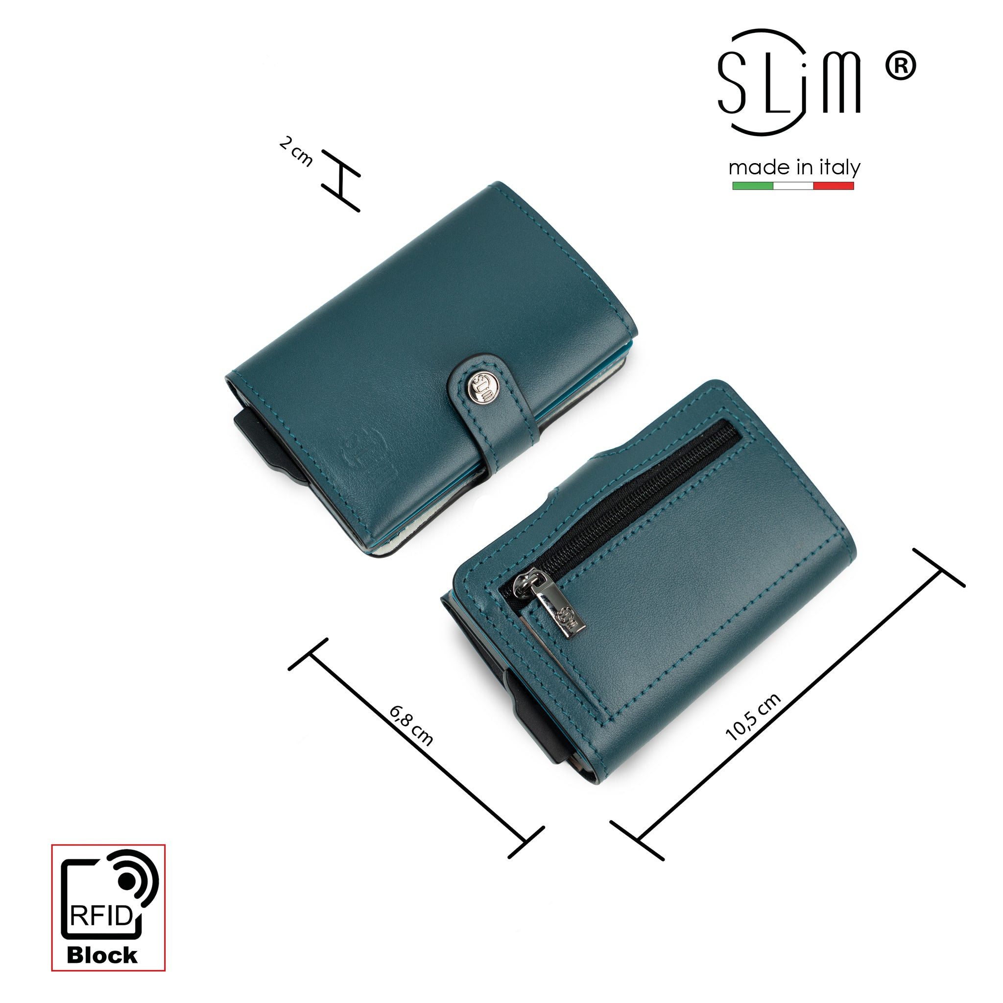 SLim Vera Pelle Portafoglio Blu Petrolio Zip 10,5cm