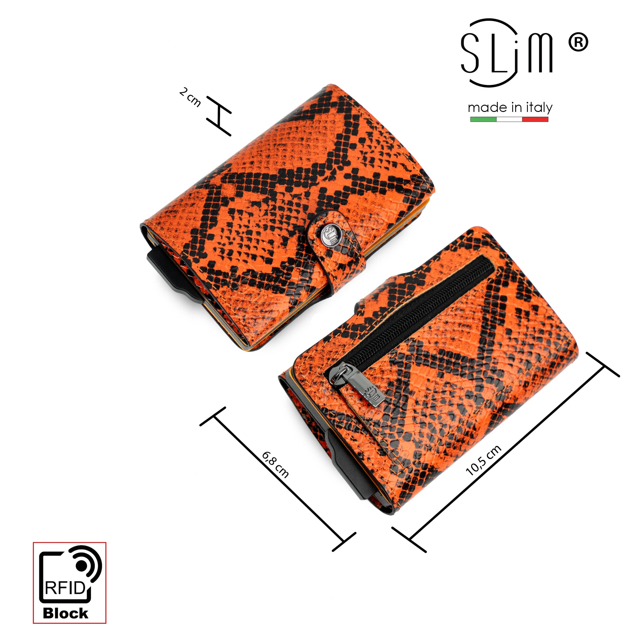 SLim Vera Pelle Rettile Arancio portafoglio compatto RFID
