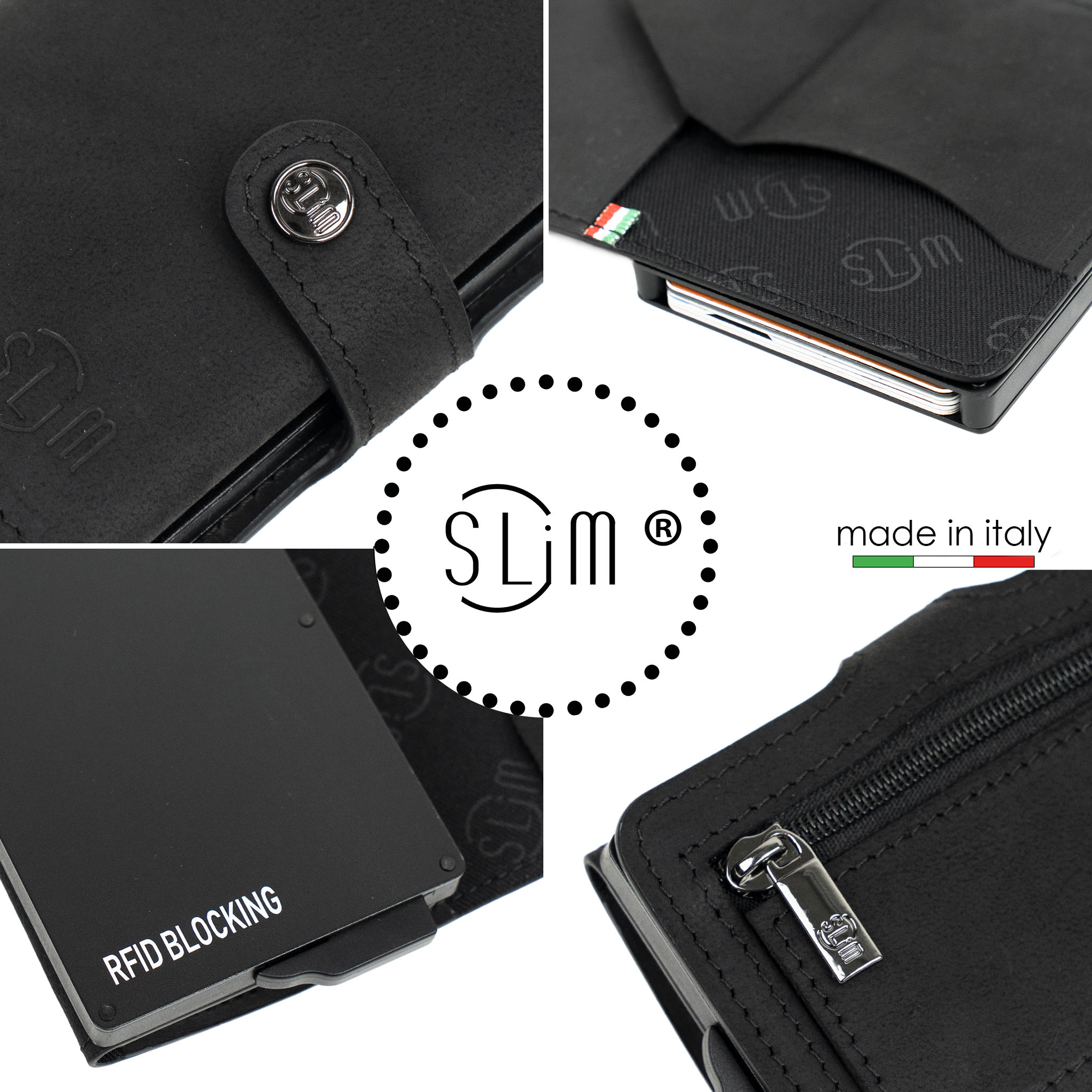 SLim Crazy Horse Portacarte Pelle Nero con Zip RFID