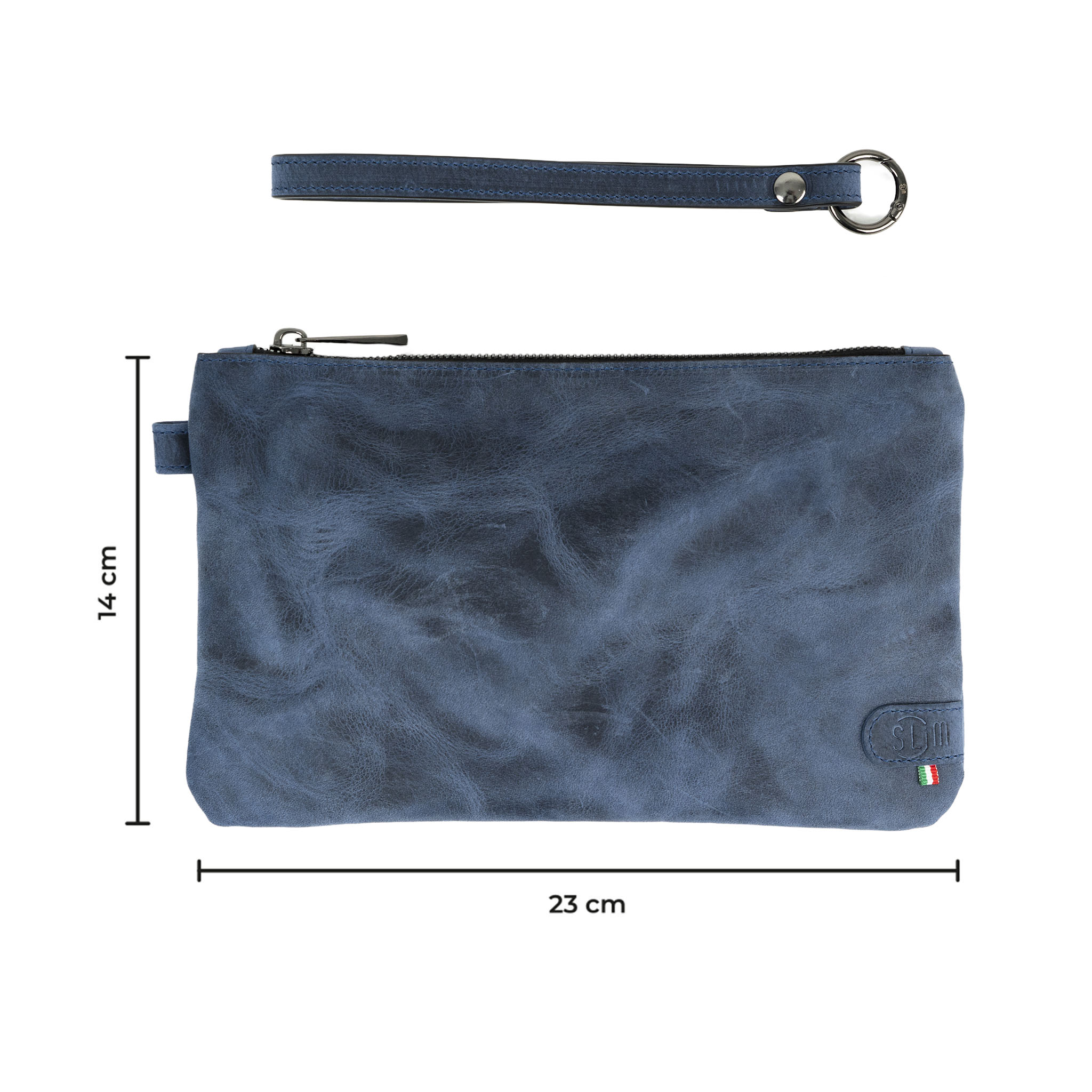 SLim Polsiera pochette blu crazy horse 23x14 cm con zip