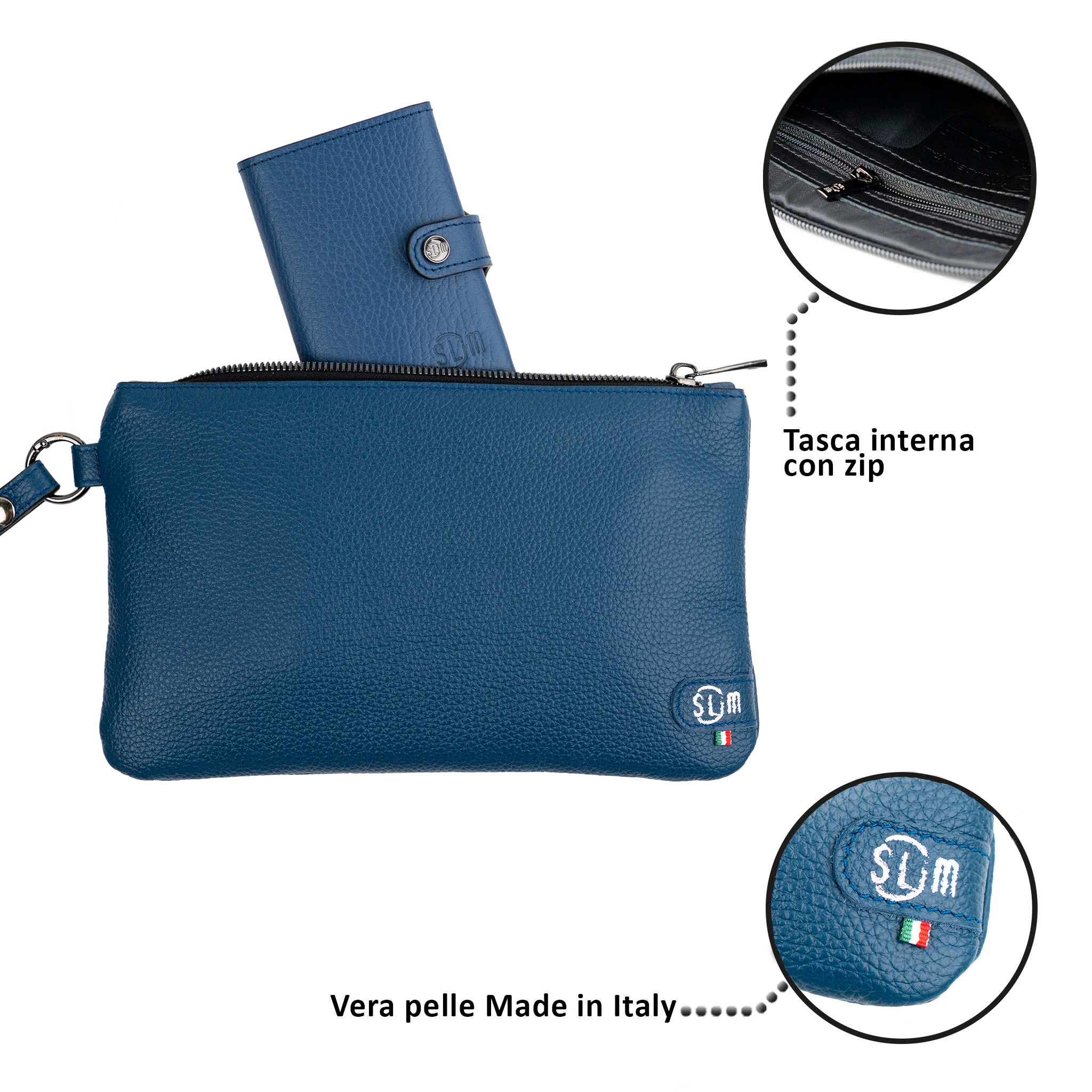 SLim Pochette Polsiera Pelle Bottalato Blu