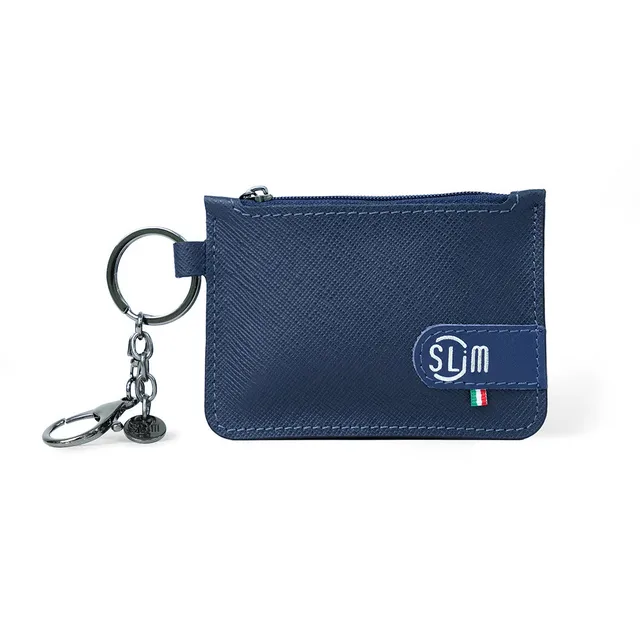 SLim Portachiavi Portamonete Saffiano Blu Pelle