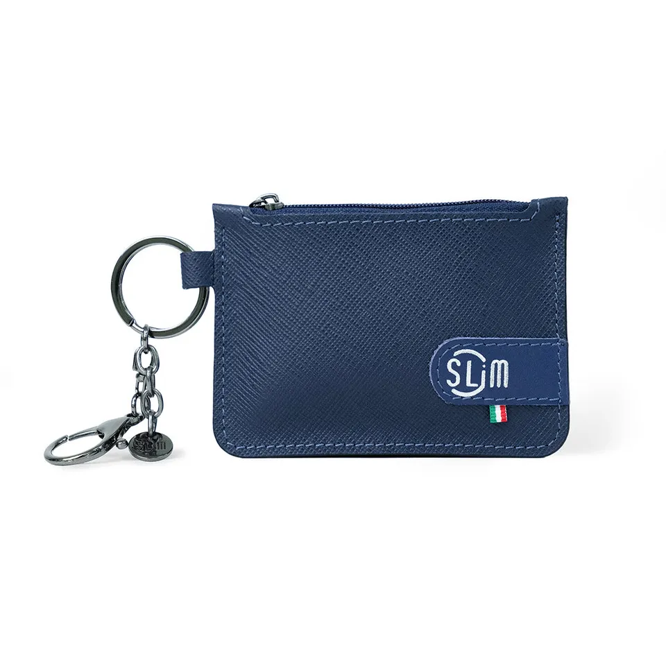 SLim Portachiavi Portamonete Saffiano Blu Pelle