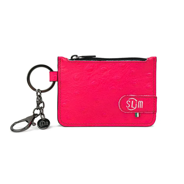 SLim Portachiavi Portamonete Pelle Struzzo Fucsia Fluo