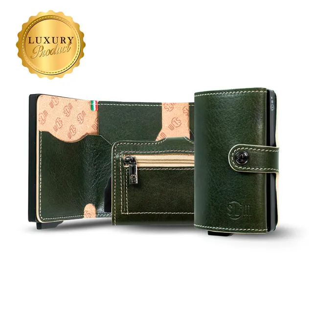 SLim Vera Pelle Vegetale Verde Zip portacarte RFID 10,5x7