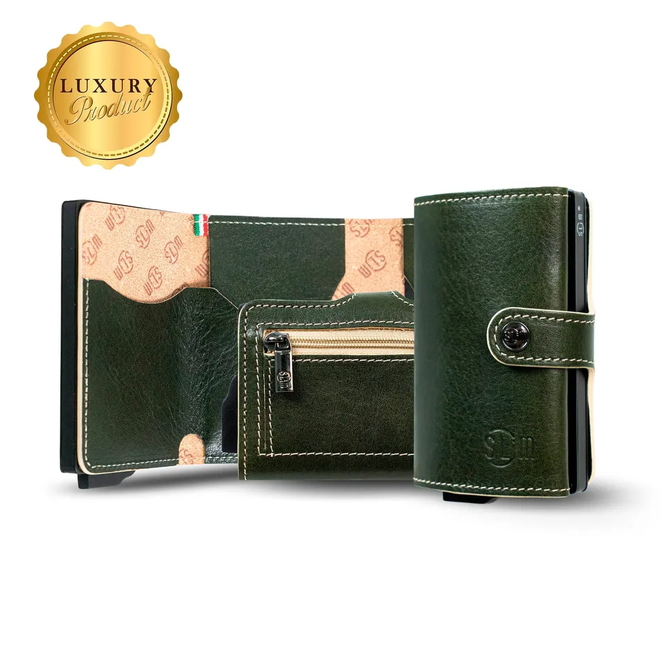 SLim Vera Pelle Vegetale Verde Zip portacarte RFID 10,5x7