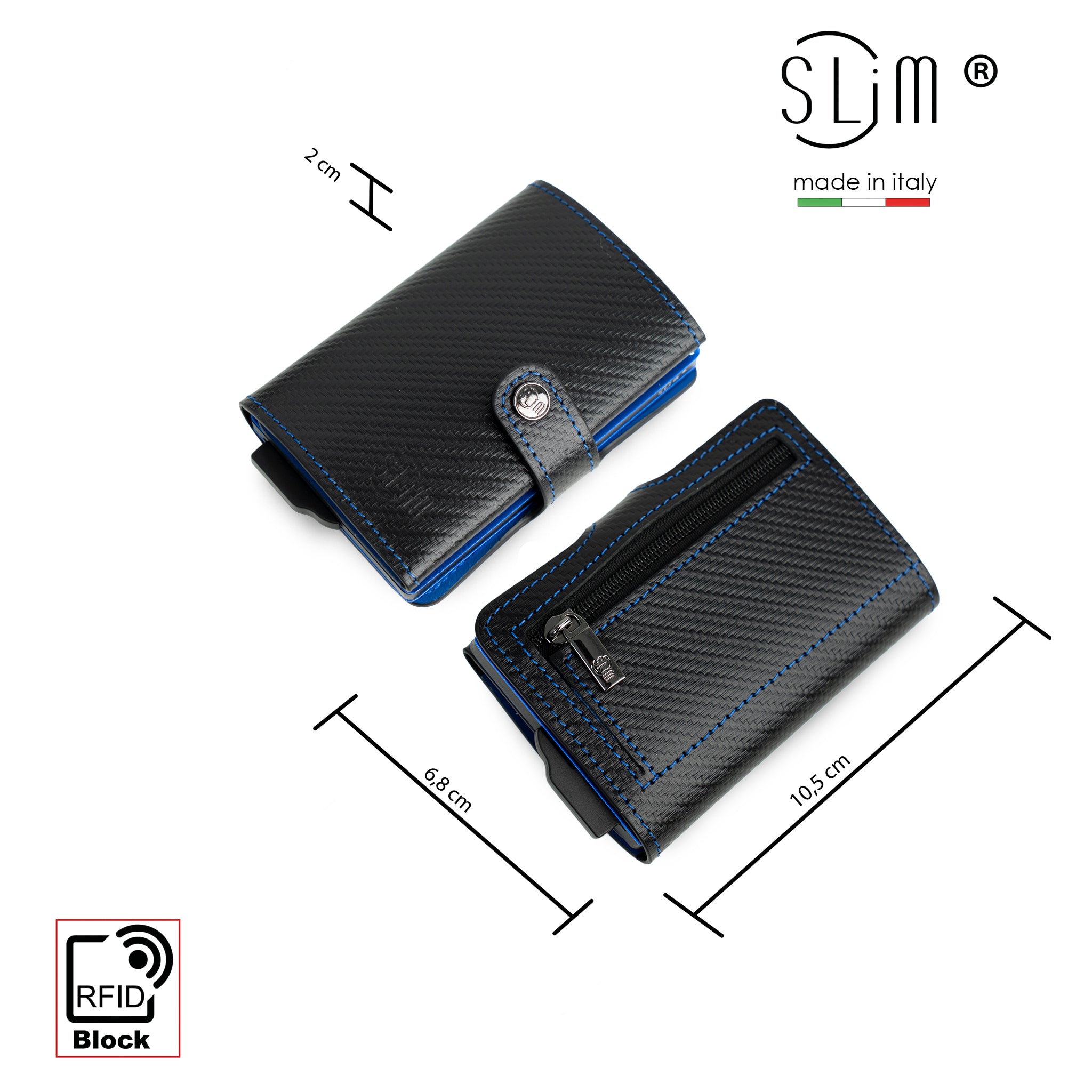SLim Carbon Style portacarte nero blu zip RFID 12 carte