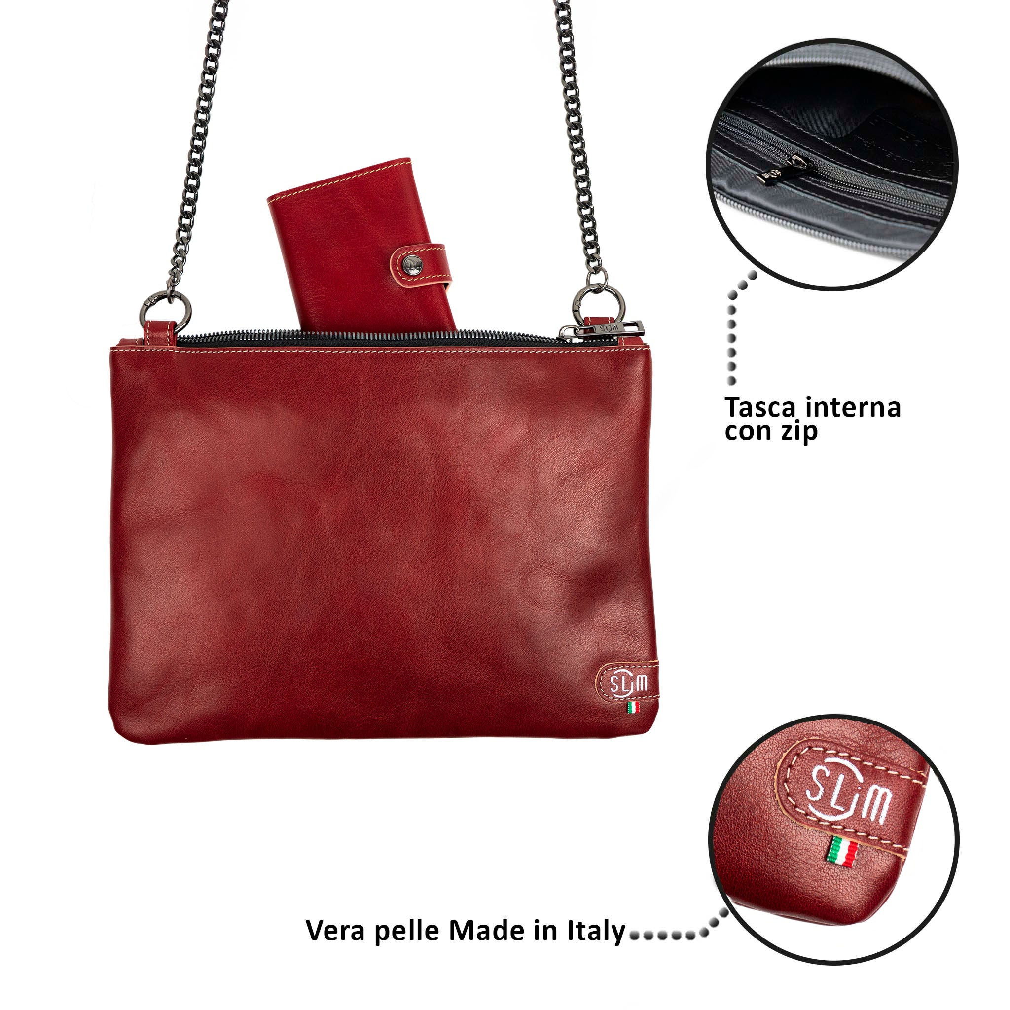 SLim Pochette Tracolla Vera Pelle Vegetale Rosso