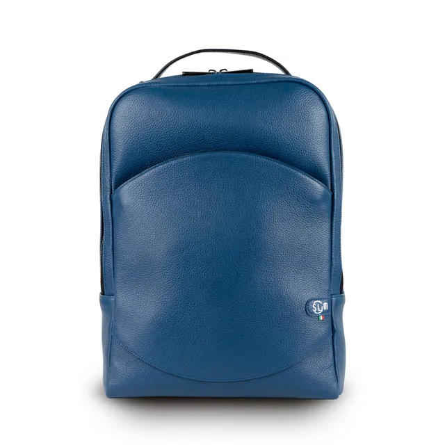 SLim Zaino Medio Vera Pelle Bottalato Blu laptop 14 pollici