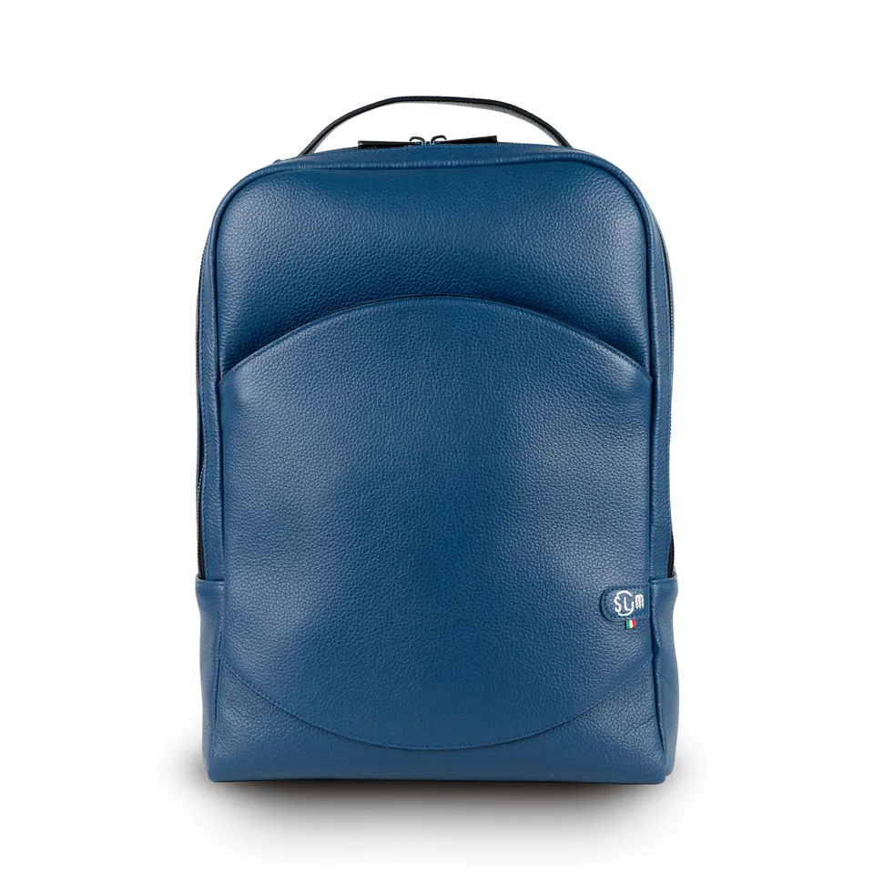 SLim Zaino Medio Vera Pelle Bottalato Blu laptop 14 pollici